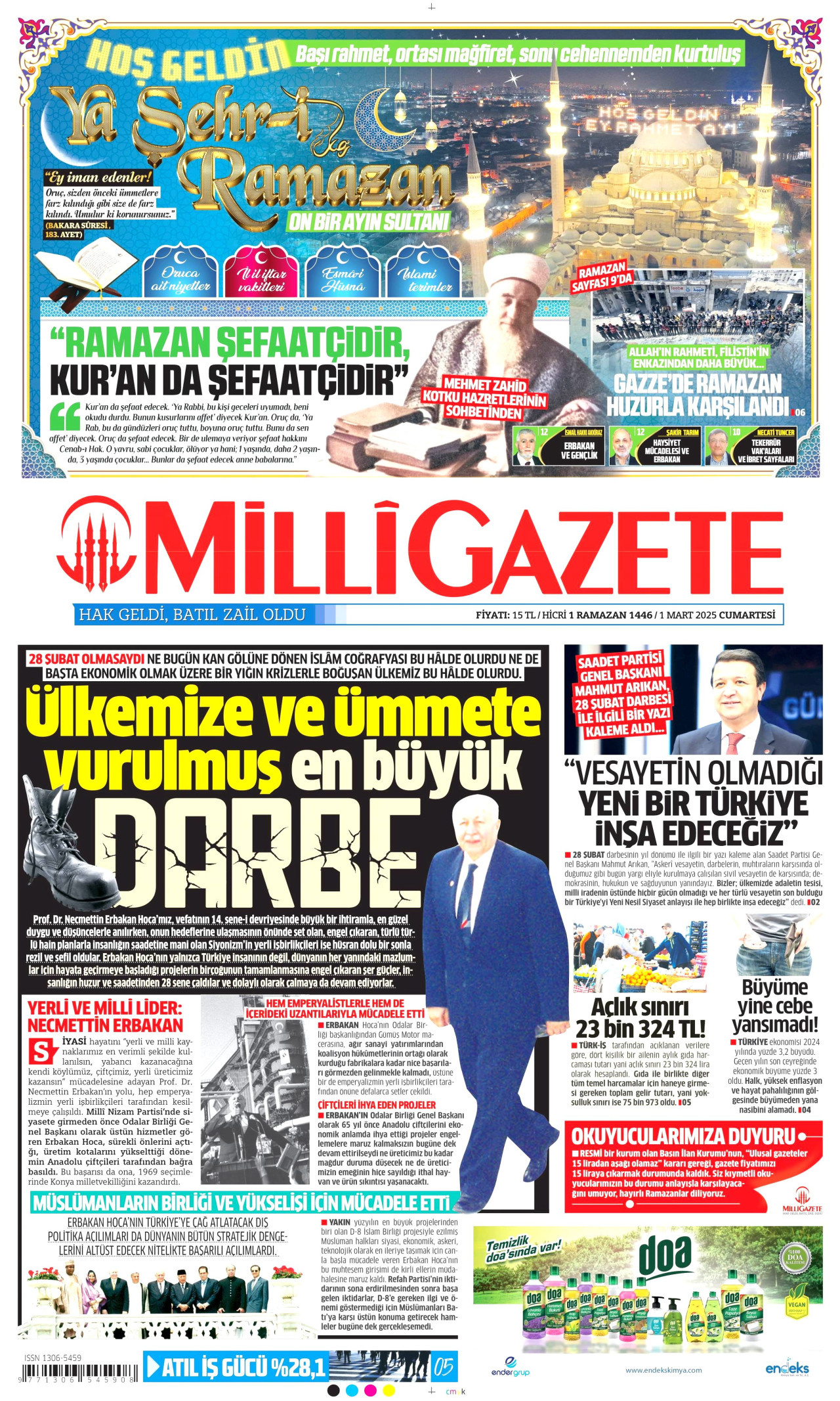 MİLLİ GAZETE gazetesinin 1 Mart 2025 tarihli birinci sayfası