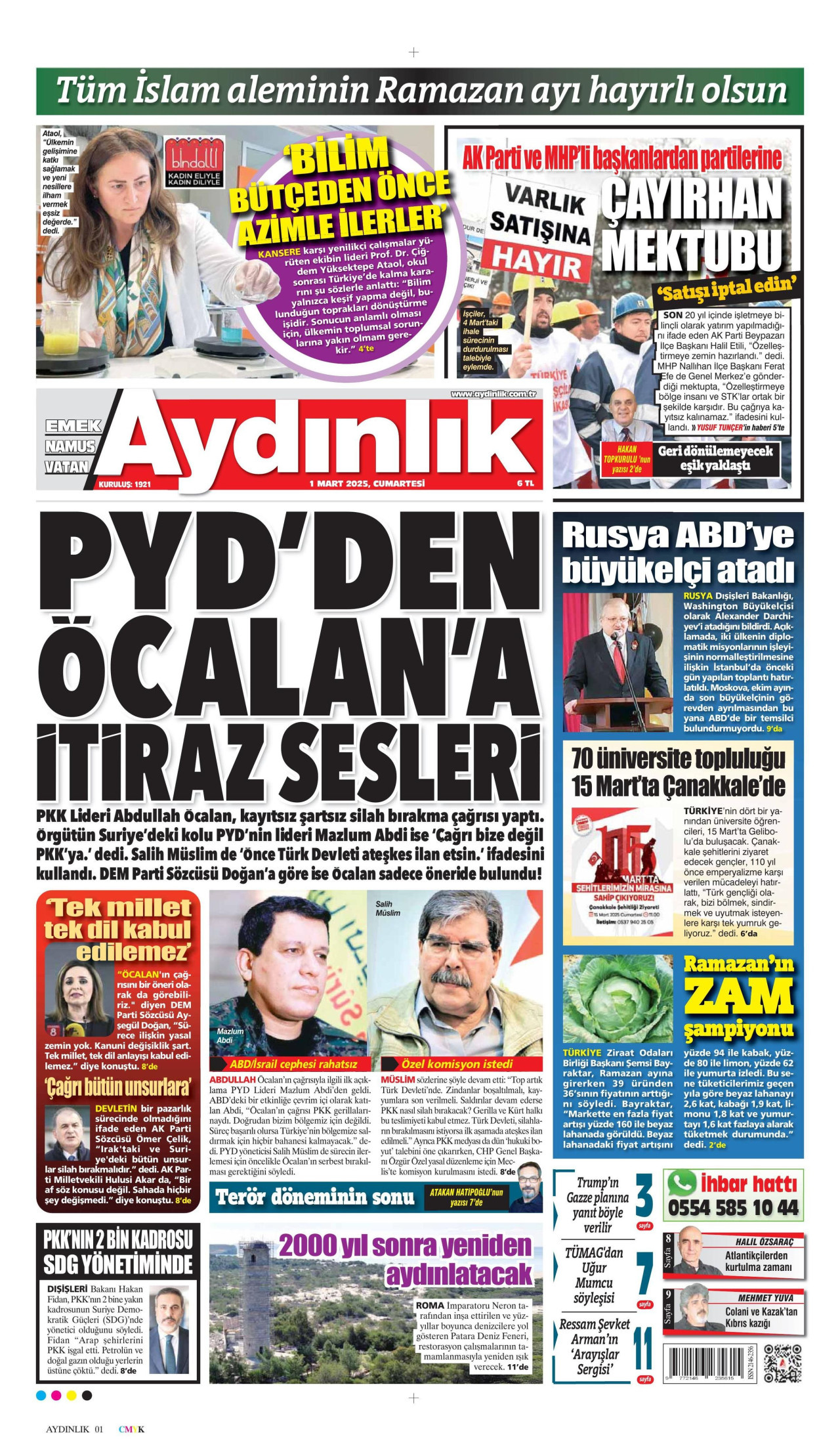 AYDINLIK GAZETESİ gazetesinin 1 Mart 2025 tarihli birinci sayfası