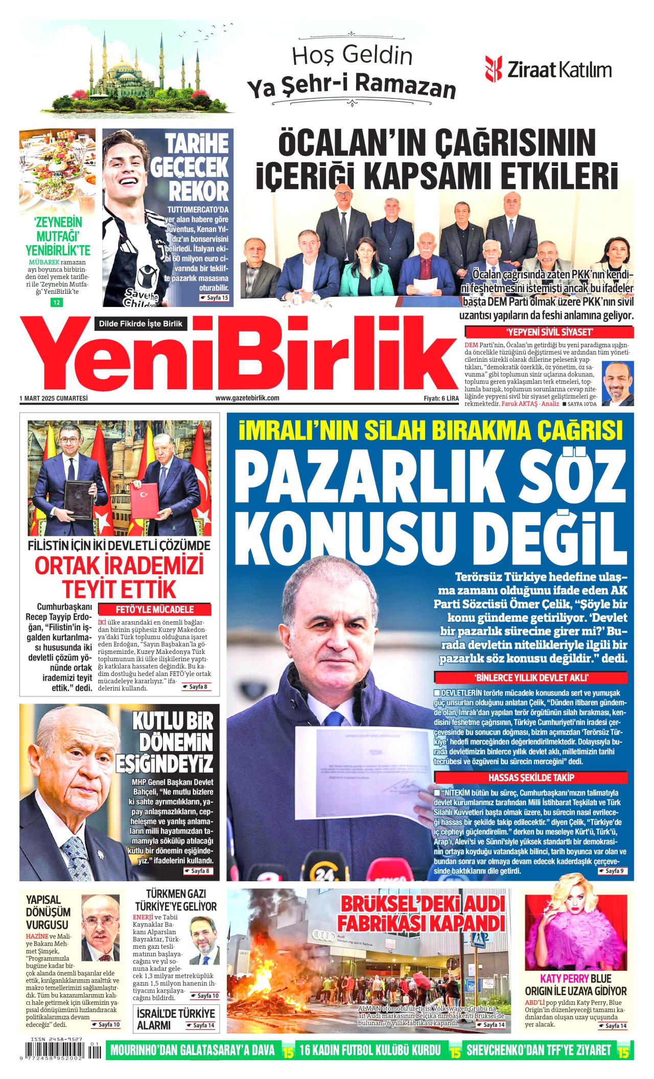 YENİBİRLİK gazetesinin 1 Mart 2025 tarihli birinci sayfası