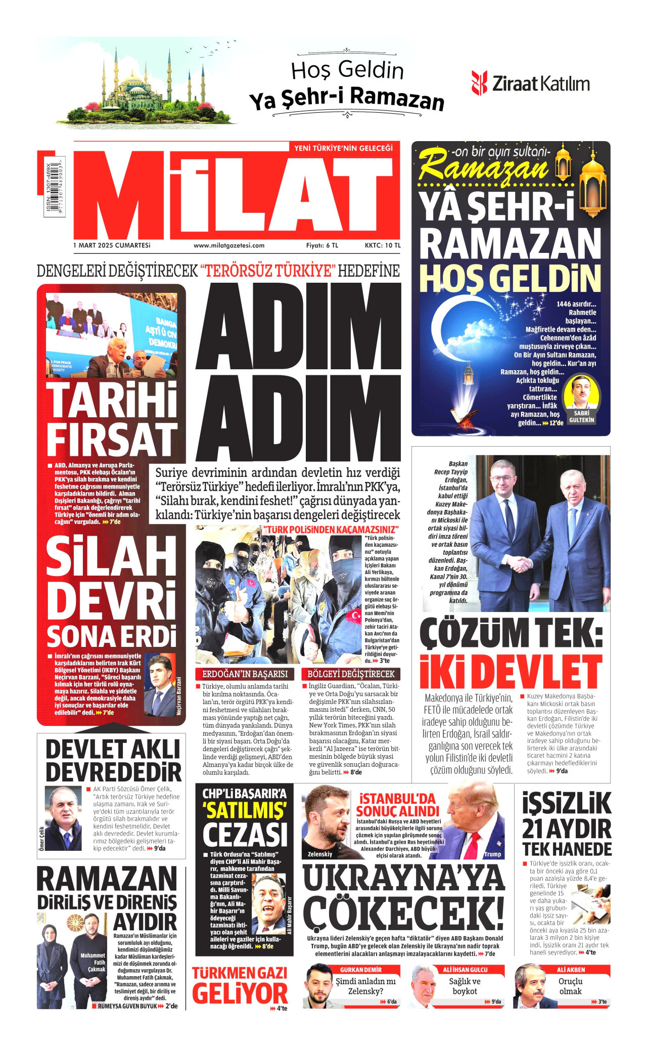 MİLAT gazetesinin 1 Mart 2025 tarihli birinci sayfası