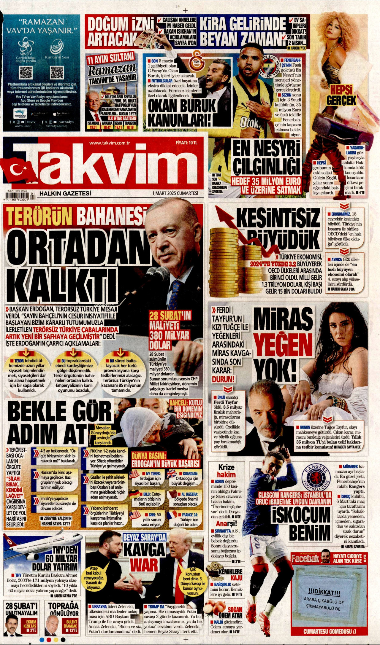 TAKVİM gazetesinin 1 Mart 2025 tarihli birinci sayfası