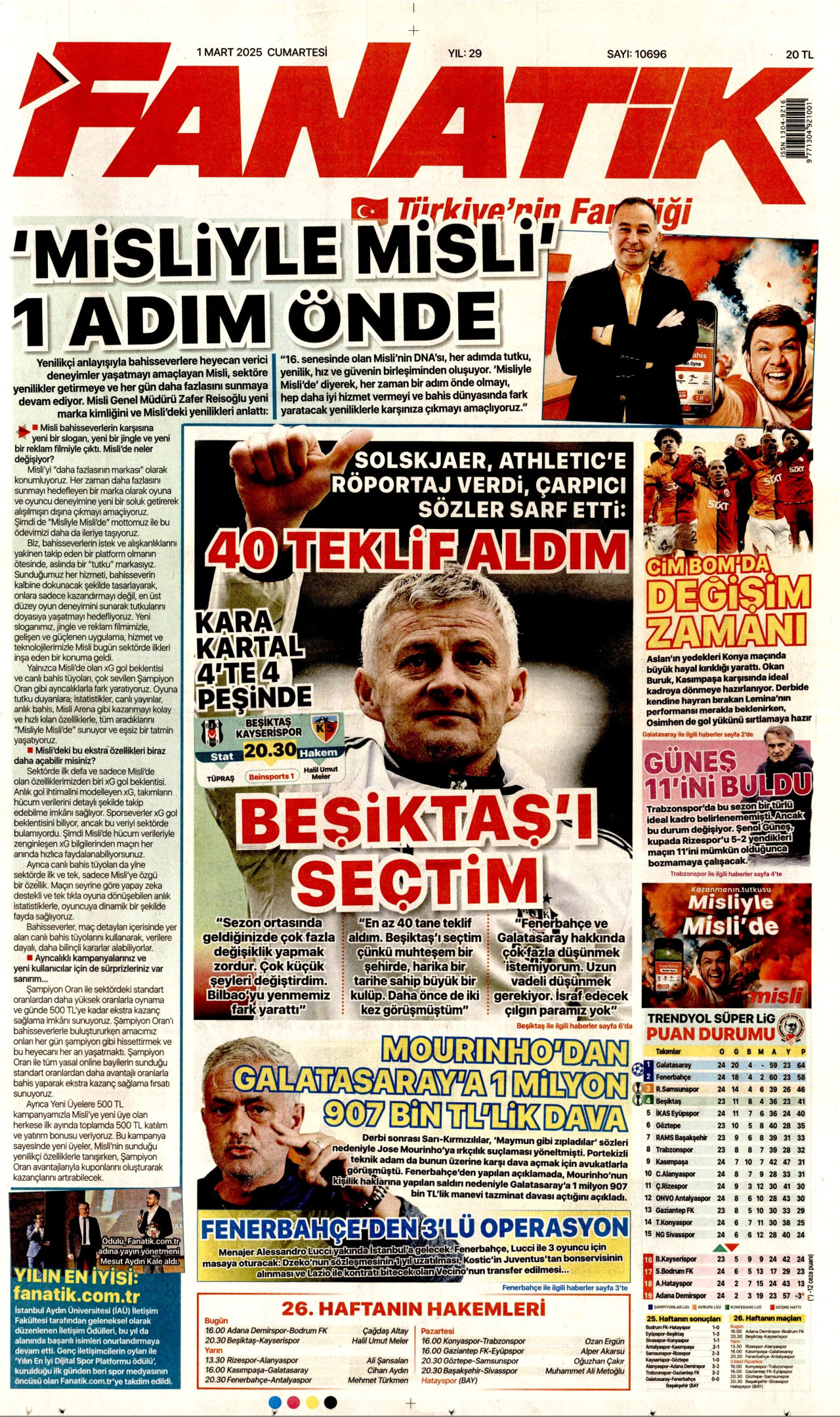 FANATİK gazetesinin 1 Mart 2025 tarihli birinci sayfası