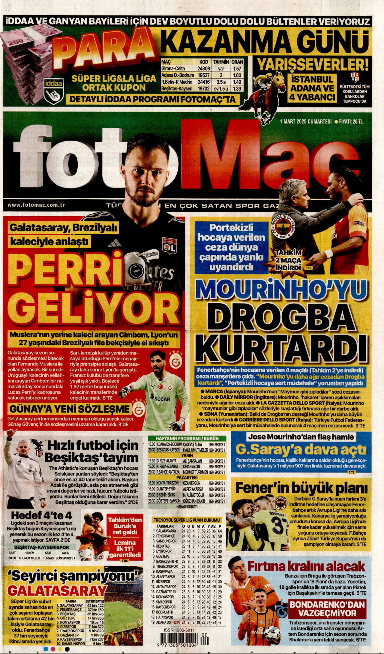 FOTOMAÇ gazetesinin 1 Mart 2025 tarihli birinci sayfası