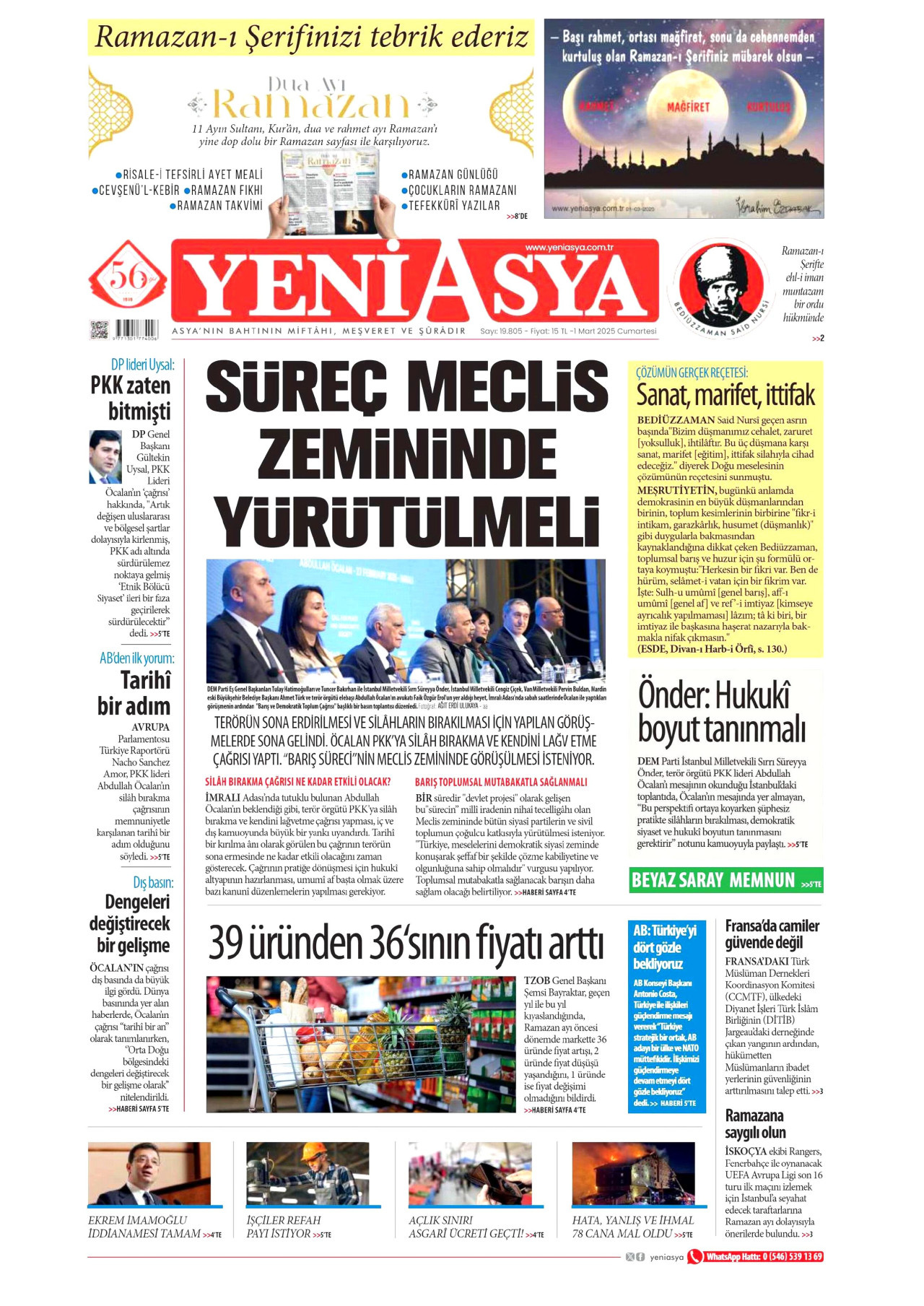 YENİ ASYA gazetesinin 1 Mart 2025 tarihli birinci sayfası