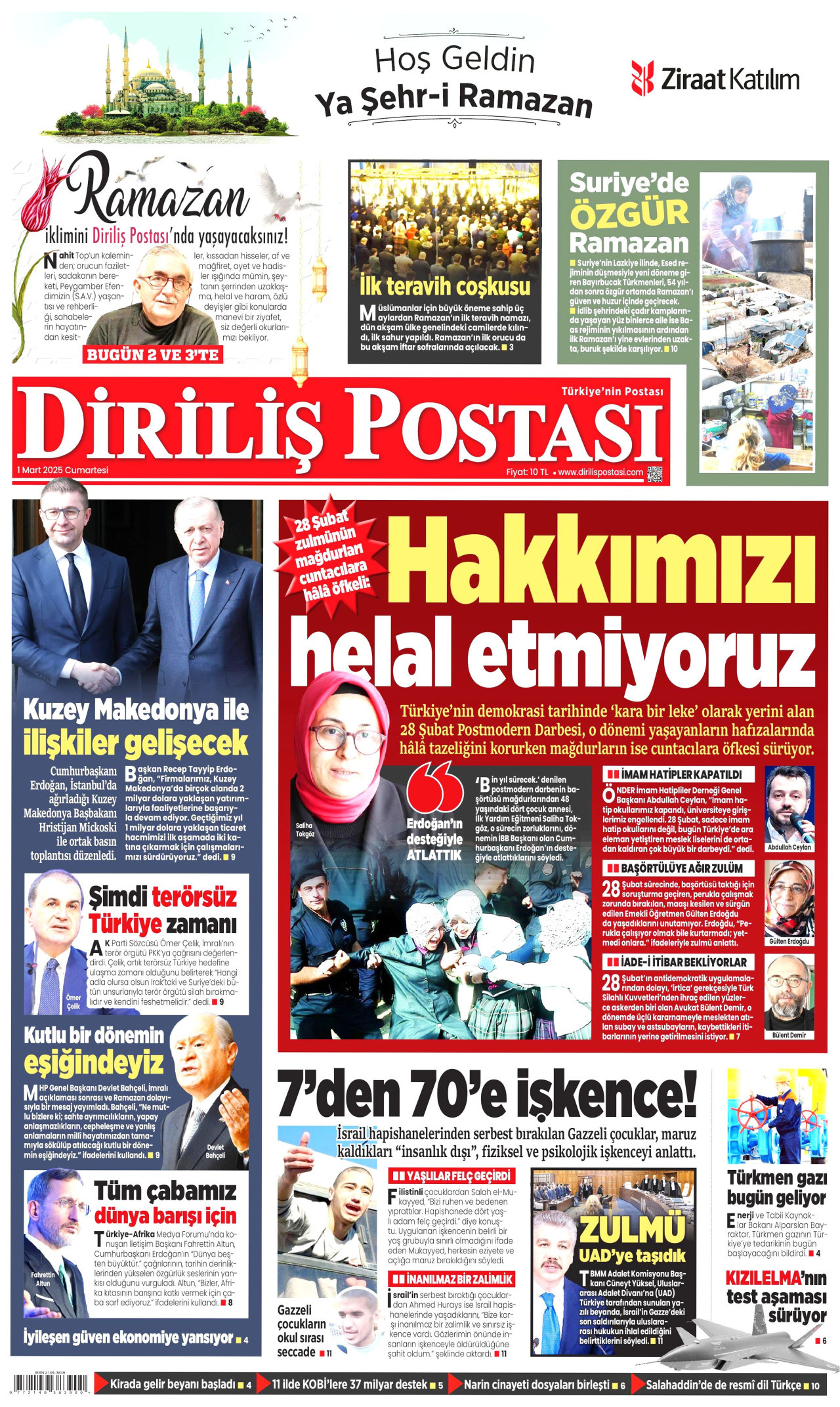 DİRİLİŞ POSTASI gazetesinin 1 Mart 2025 tarihli birinci sayfası