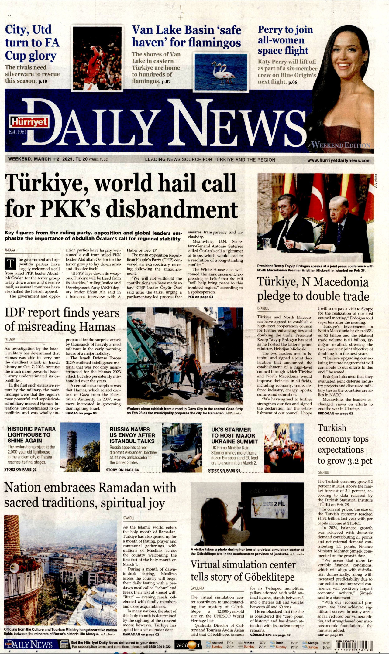 HÜRRİYET DAİLY NEWS gazetesinin 1 Mart 2025 tarihli birinci sayfası