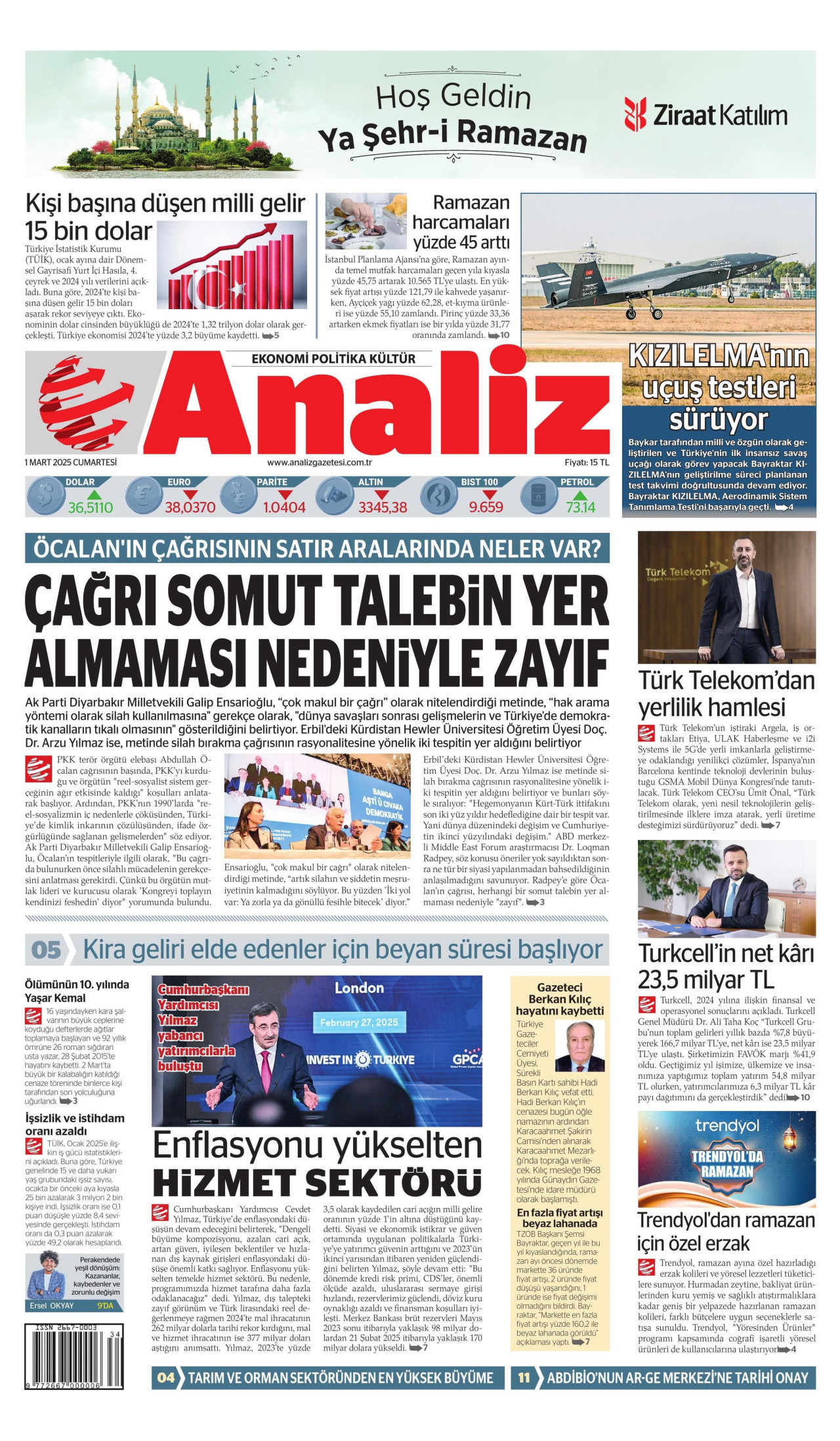 ANALİZ gazetesinin 1 Mart 2025 tarihli birinci sayfası