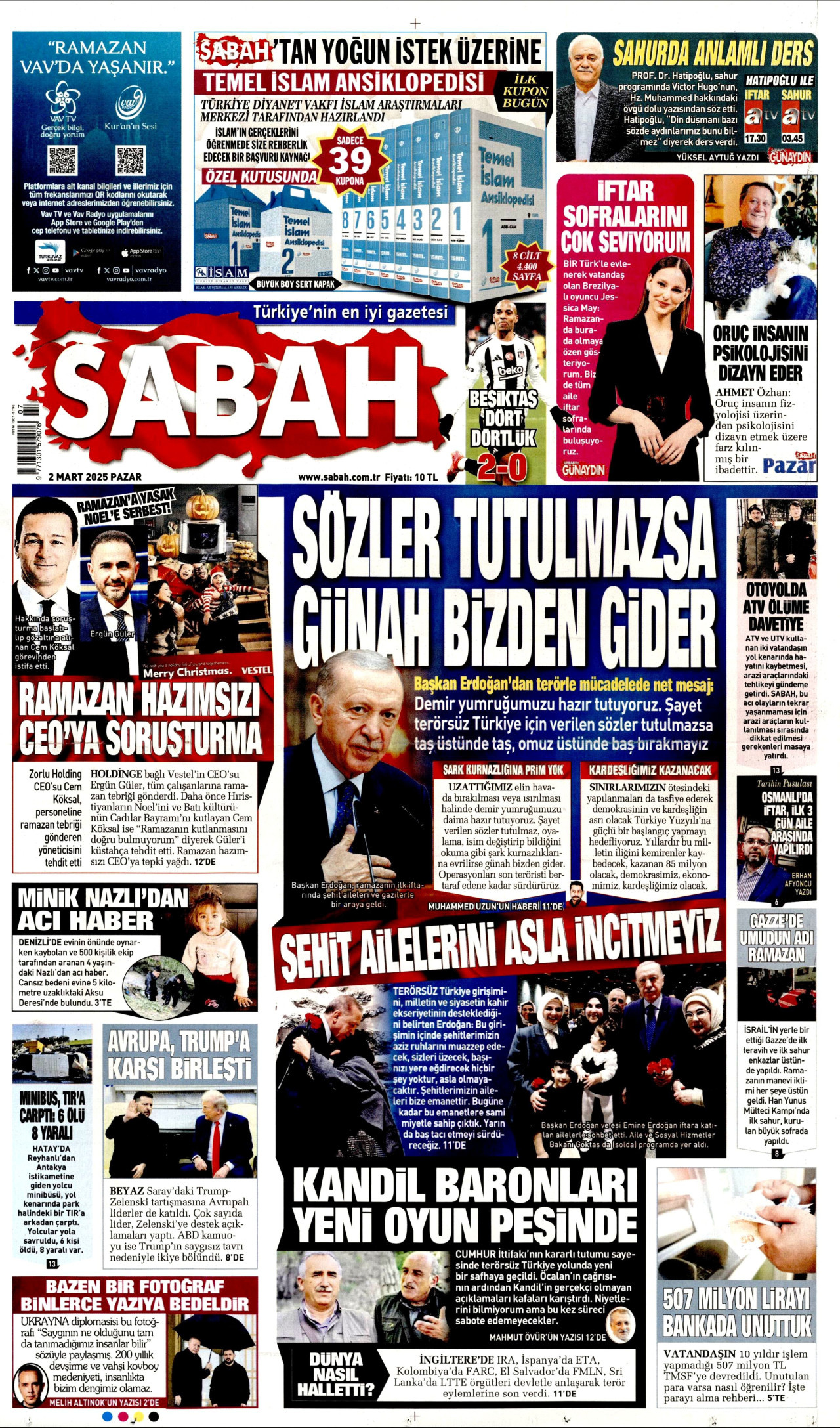 SABAH gazetesinin 2 Mart 2025 tarihli birinci sayfası