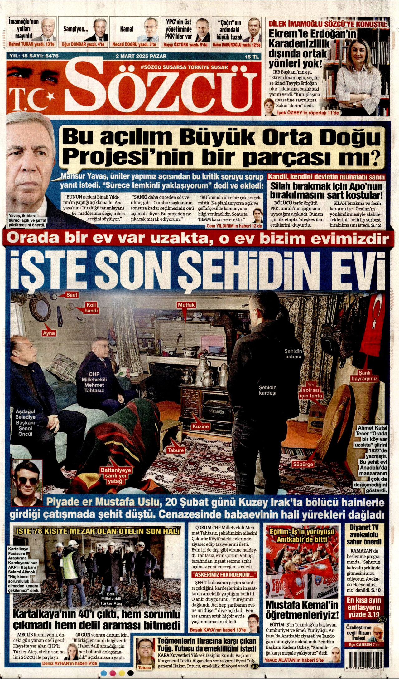 SÖZCÜ gazetesinin 2 Mart 2025 tarihli birinci sayfası