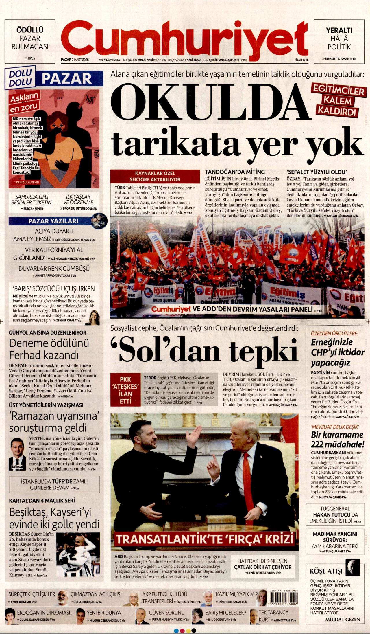 CUMHURİYET gazetesinin 2 Mart 2025 tarihli birinci sayfası