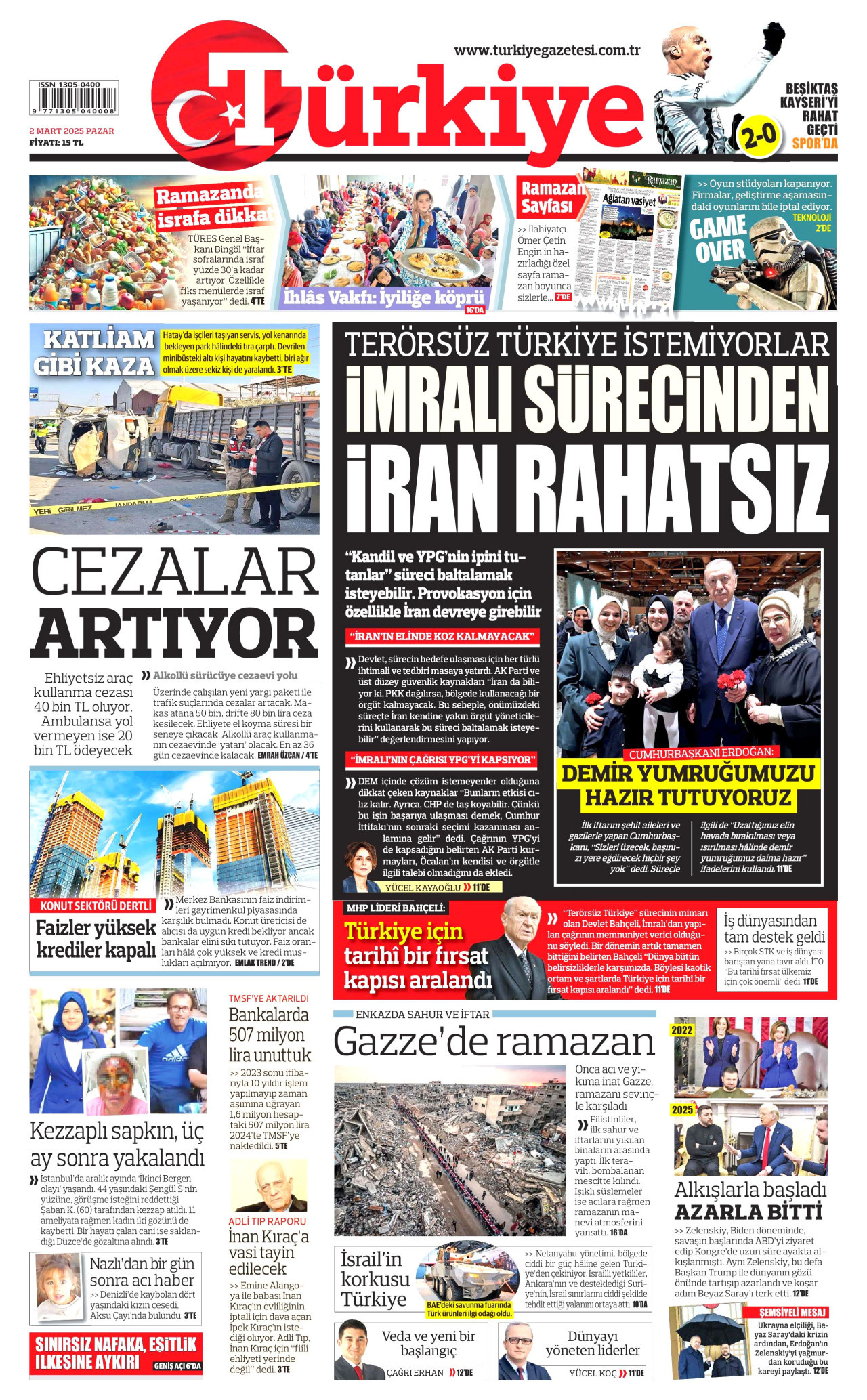 TÜRKİYE GAZETESİ gazetesinin 2 Mart 2025 tarihli birinci sayfası