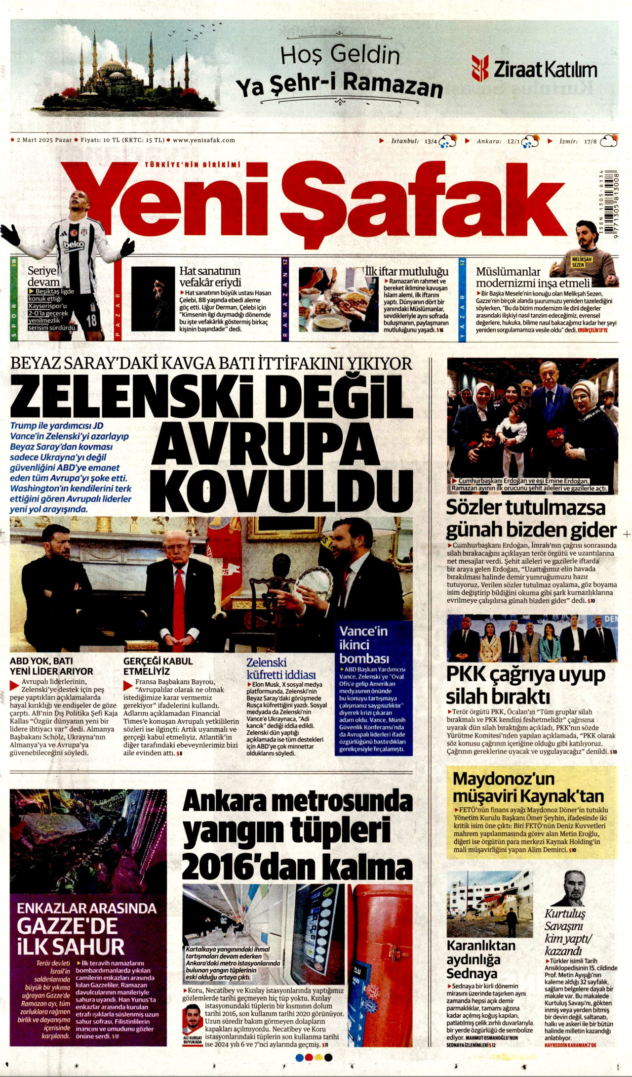 YENİ ŞAFAK gazetesinin 2 Mart 2025 tarihli birinci sayfası