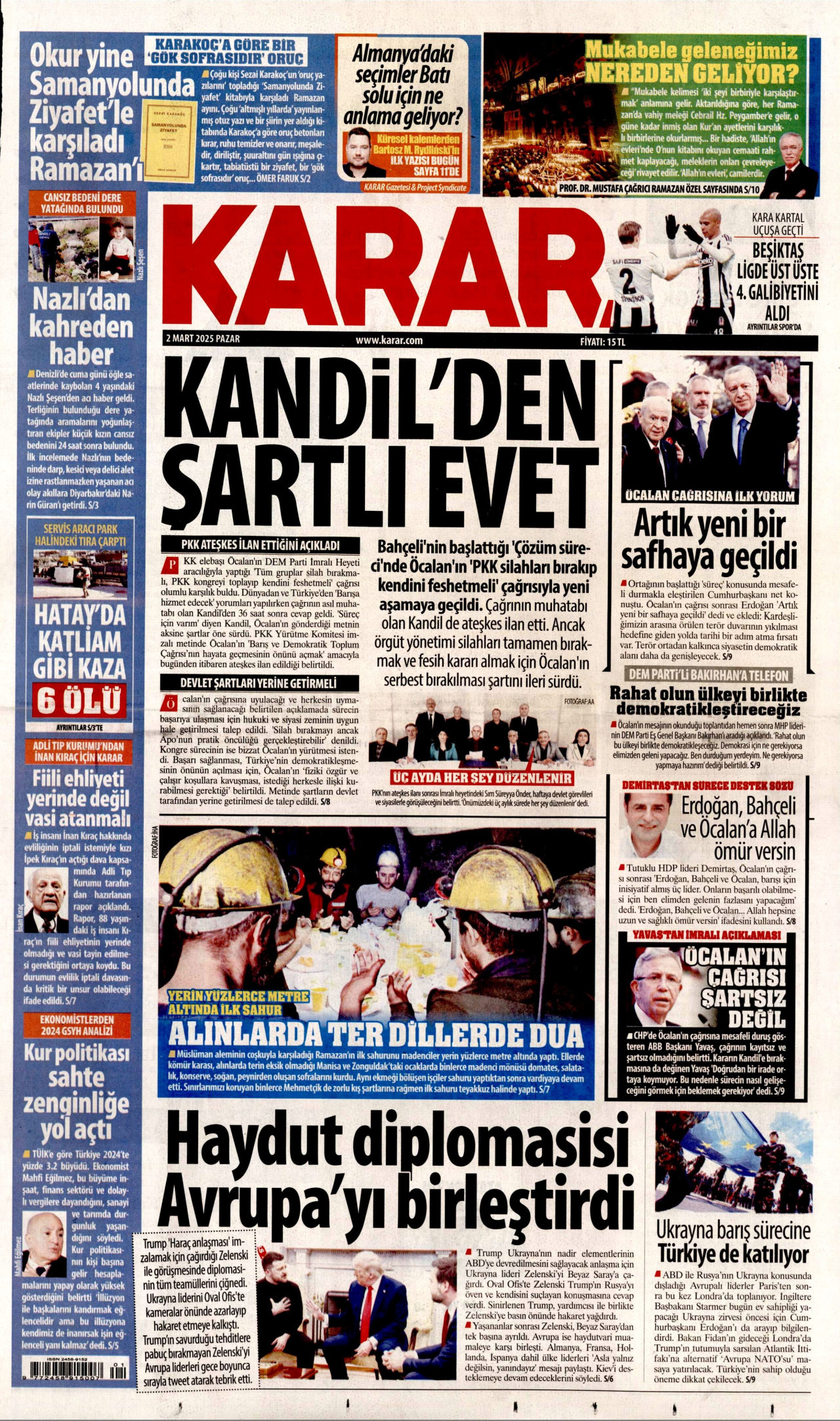 KARAR gazetesinin 2 Mart 2025 tarihli birinci sayfası