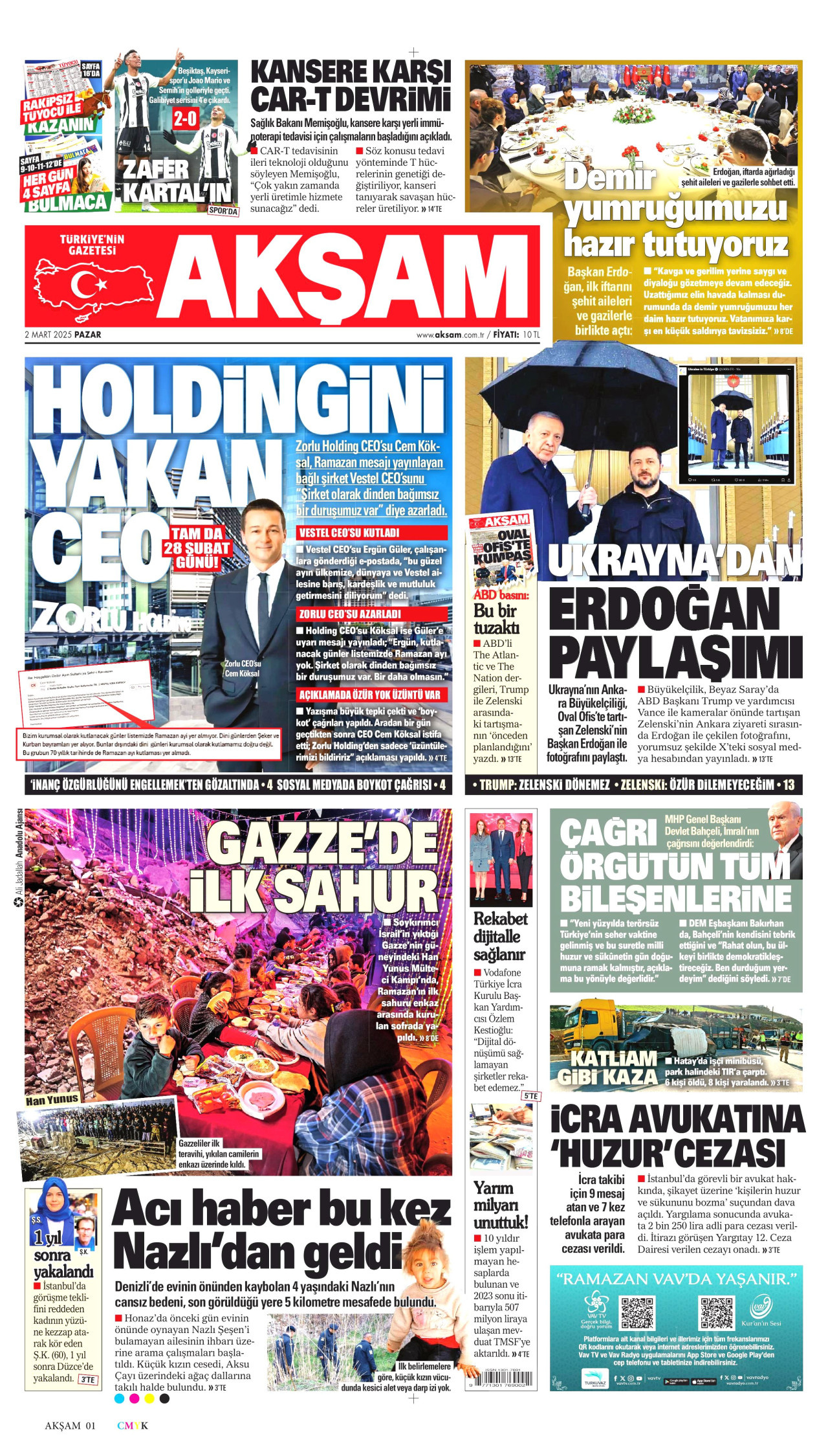 AKŞAM gazetesinin 2 Mart 2025 tarihli birinci sayfası