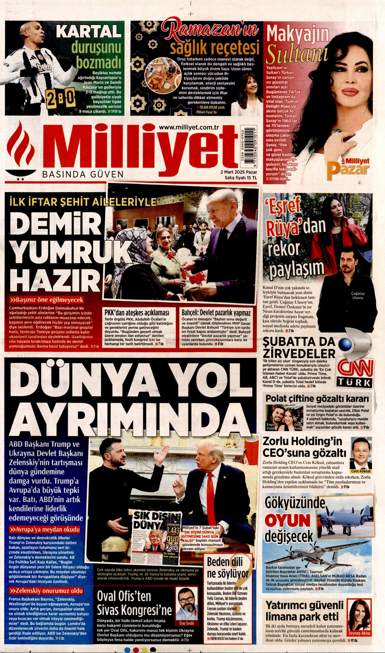 MİLLİYET gazetesinin 2 Mart 2025 tarihli birinci sayfası