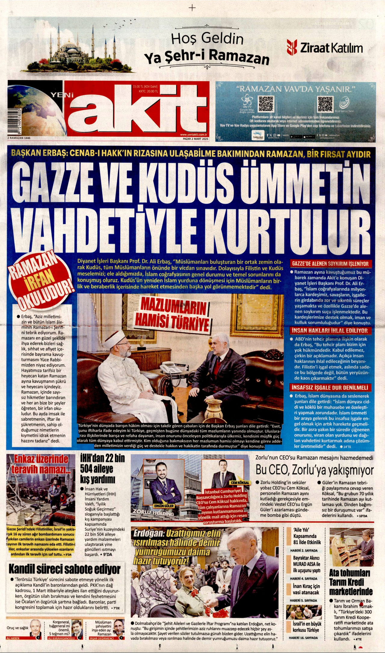 YENİ AKİT gazetesinin 2 Mart 2025 tarihli birinci sayfası