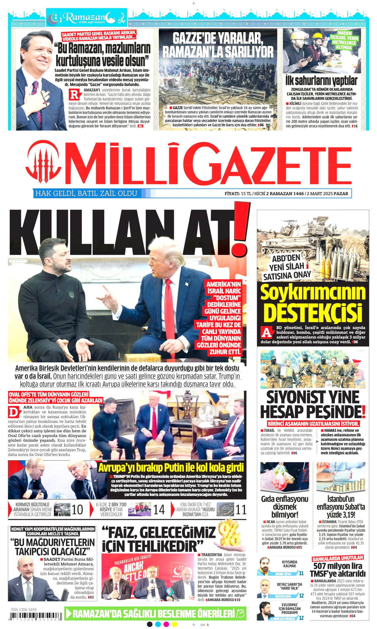 MİLLİ GAZETE gazetesinin 2 Mart 2025 tarihli birinci sayfası