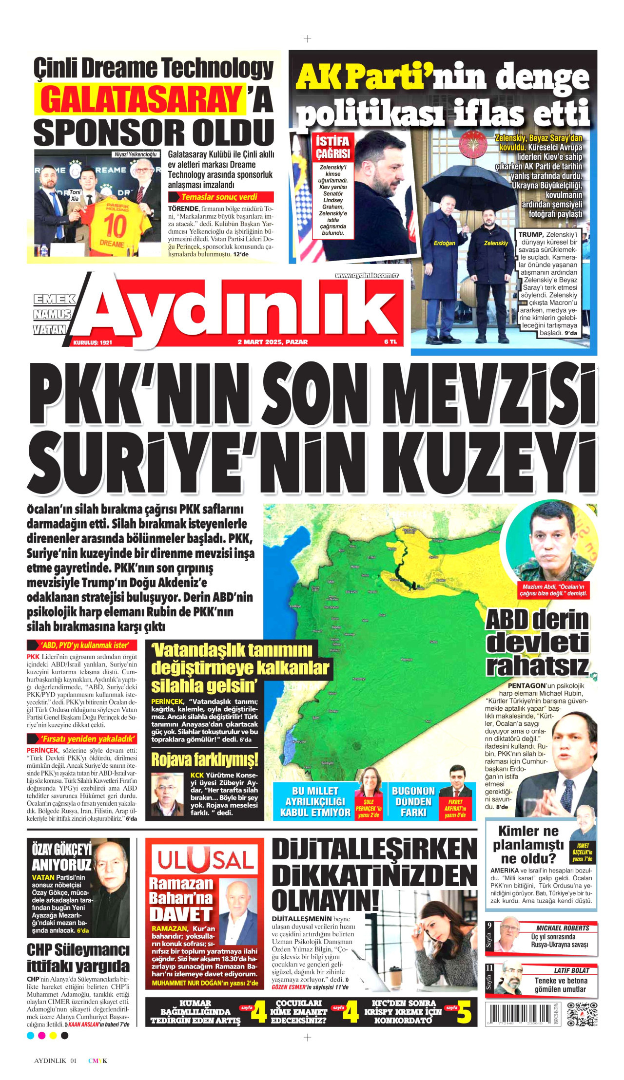 AYDINLIK GAZETESİ gazetesinin 2 Mart 2025 tarihli birinci sayfası