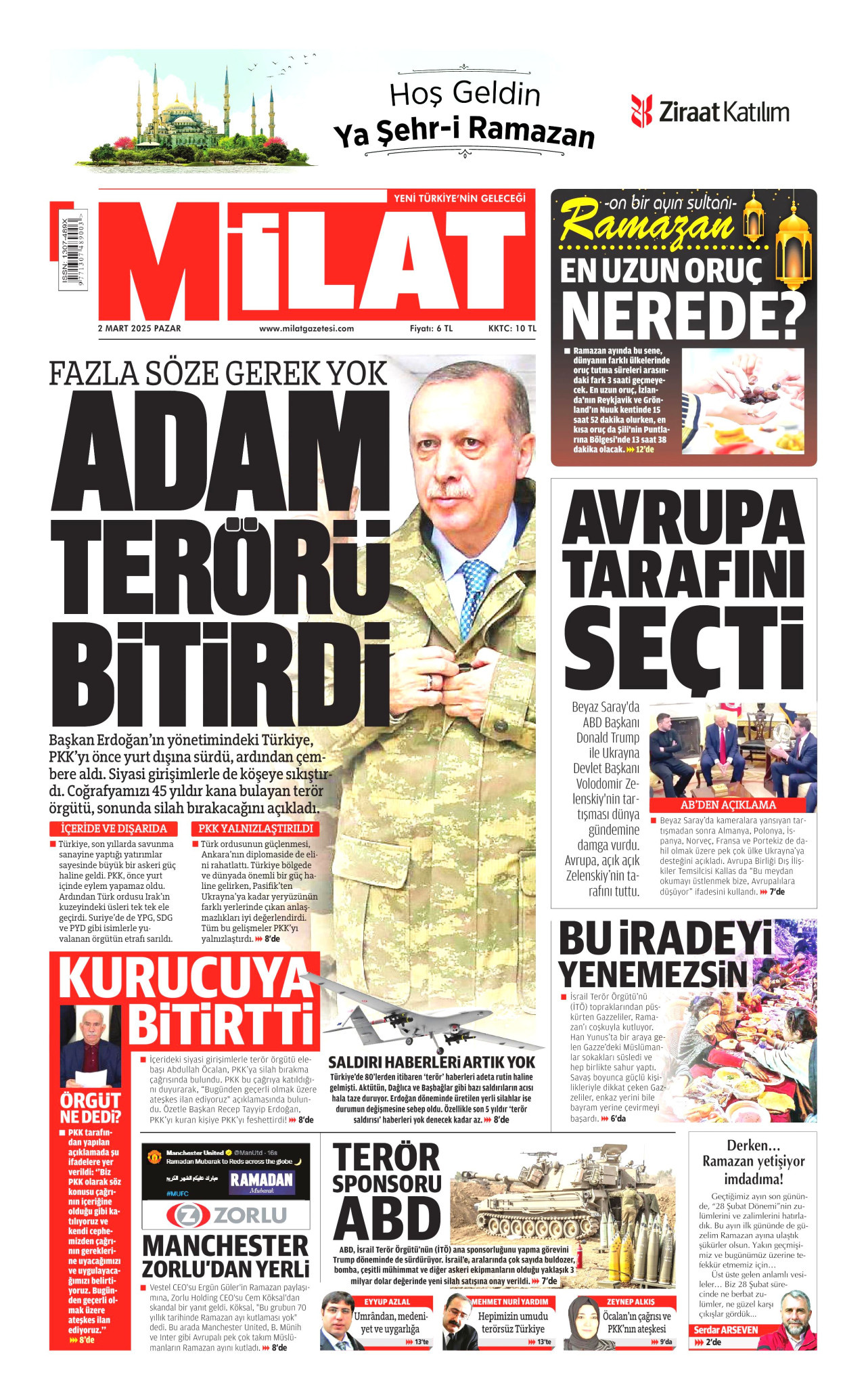 MİLAT gazetesinin 2 Mart 2025 tarihli birinci sayfası