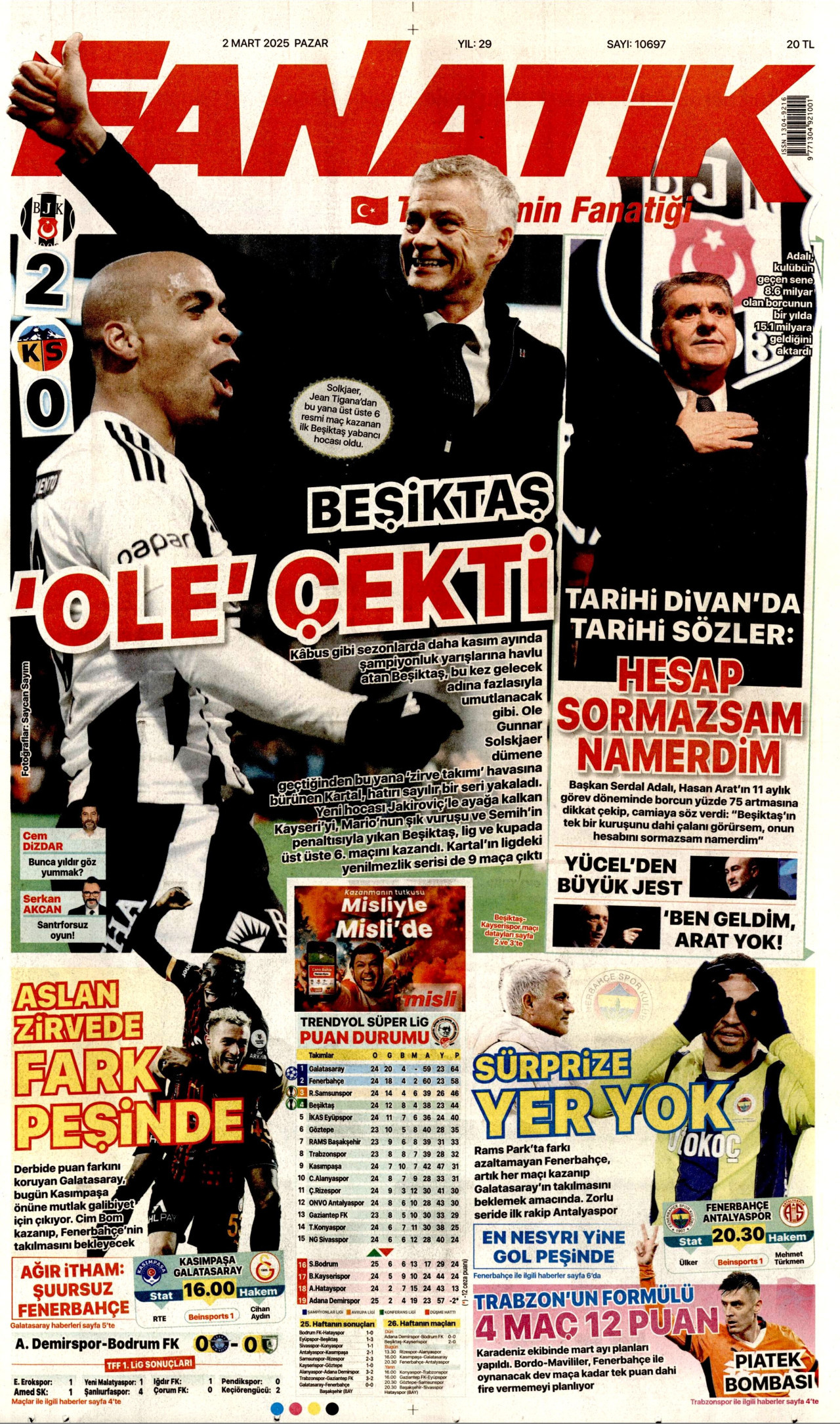 FANATİK gazetesinin 2 Mart 2025 tarihli birinci sayfası