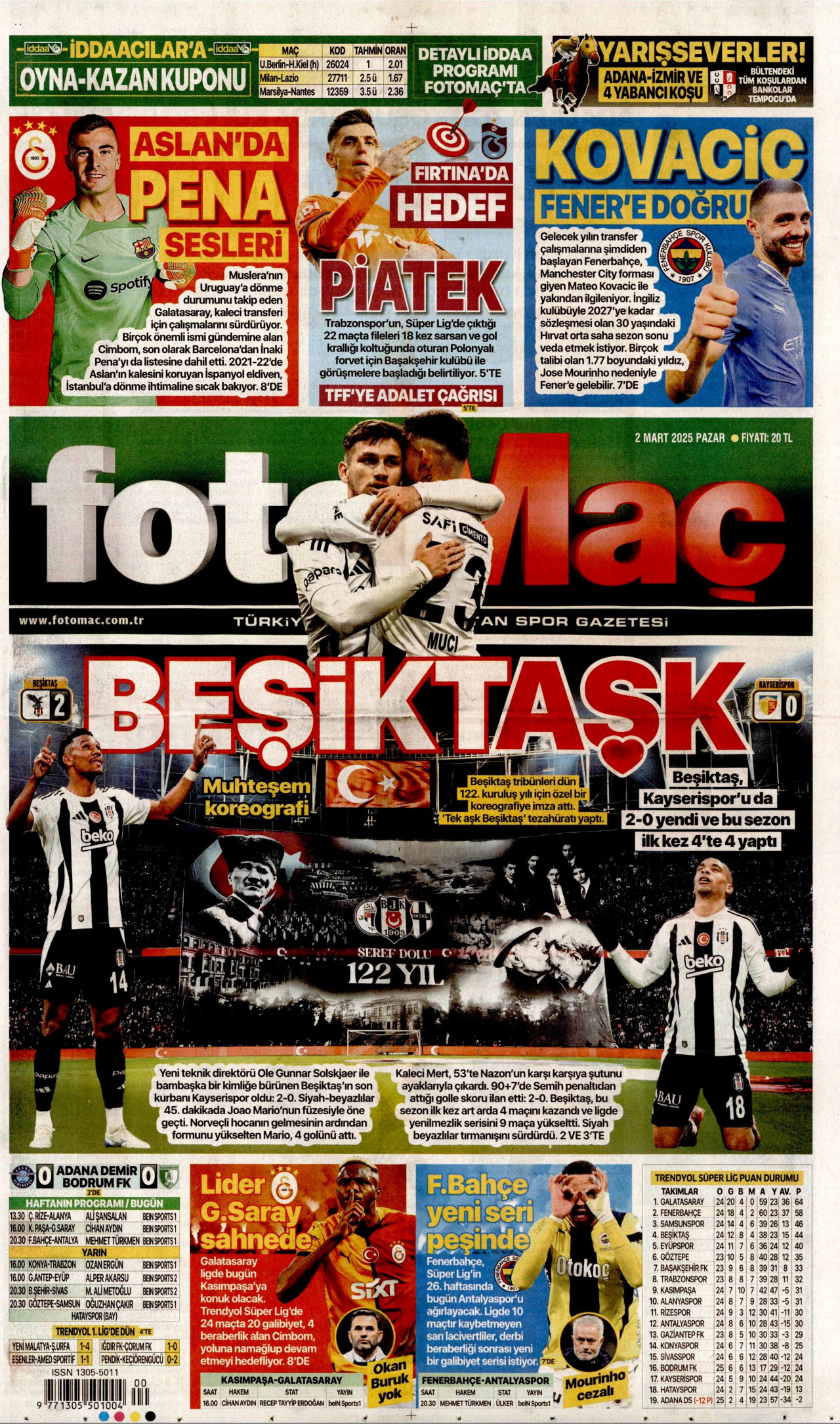 FOTOMAÇ gazetesinin 2 Mart 2025 tarihli birinci sayfası
