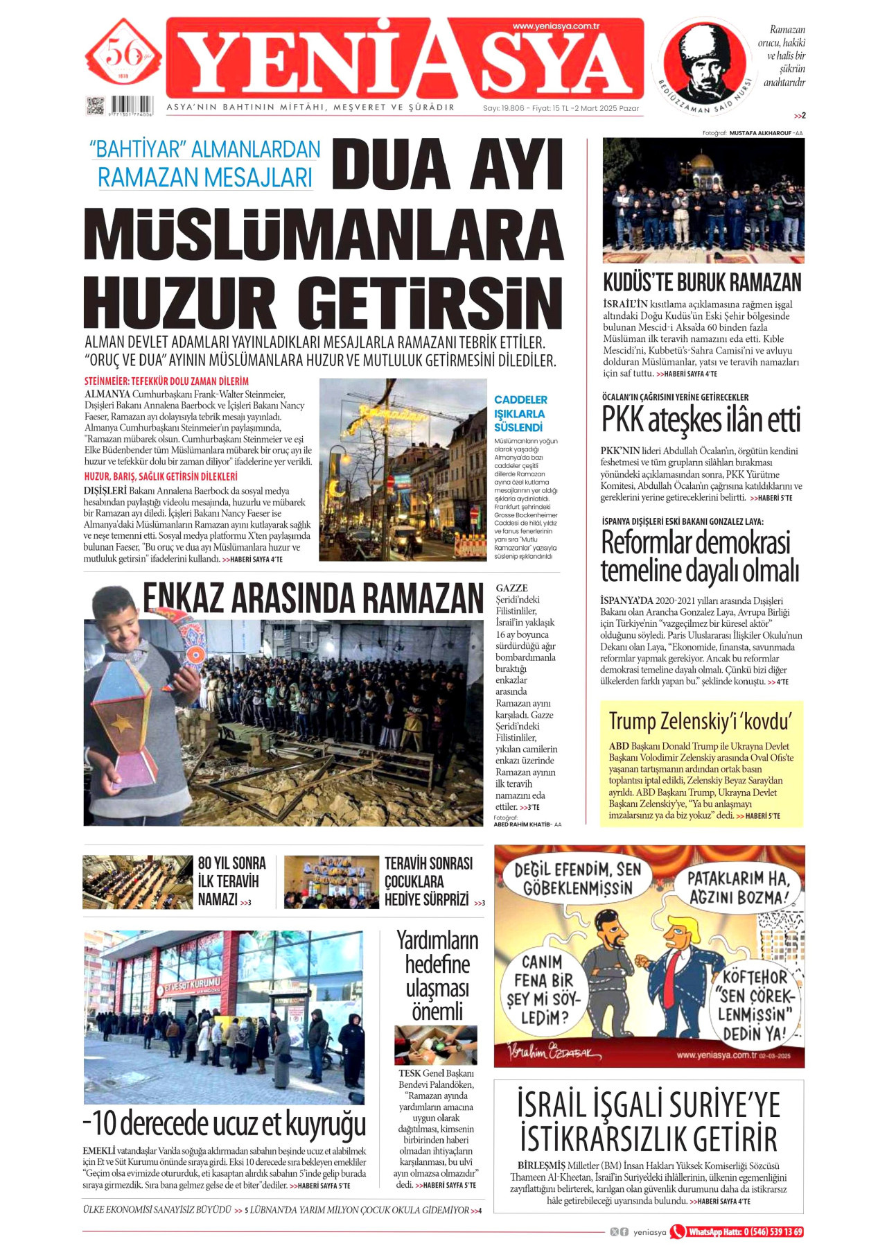 YENİ ASYA gazetesinin 2 Mart 2025 tarihli birinci sayfası