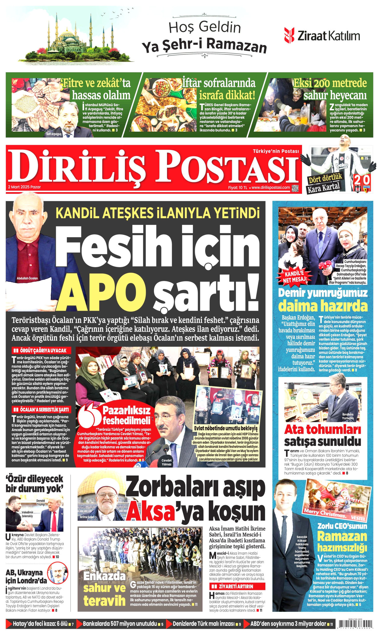 DİRİLİŞ POSTASI gazetesinin 2 Mart 2025 tarihli birinci sayfası