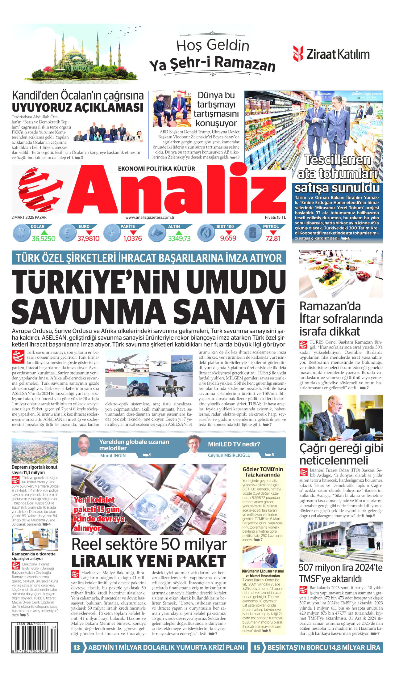 ANALİZ gazetesinin 2 Mart 2025 tarihli birinci sayfası