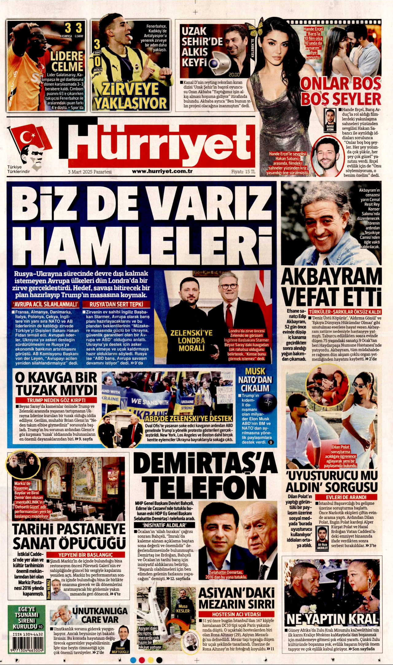 HÜRRİYET gazetesinin 3 Mart 2025 tarihli birinci sayfası