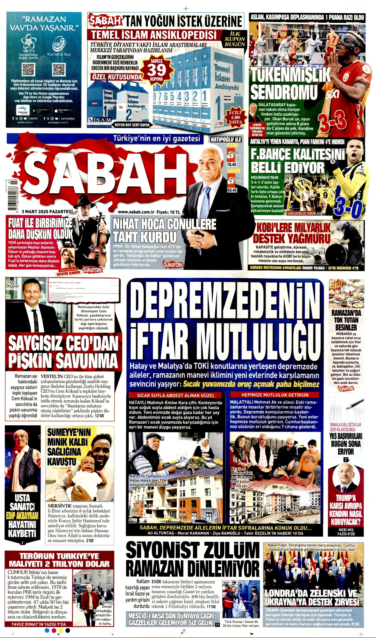 SABAH gazetesinin 3 Mart 2025 tarihli birinci sayfası