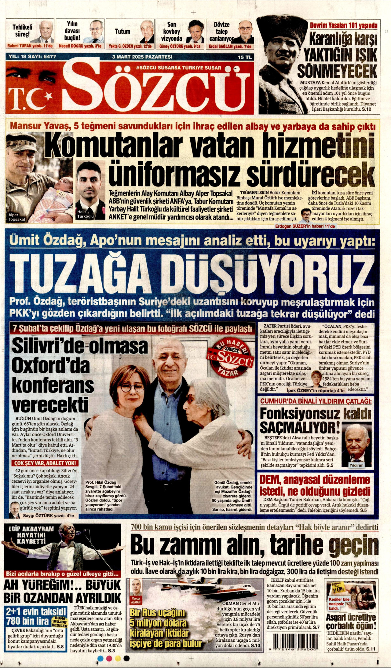 SÖZCÜ gazetesinin 3 Mart 2025 tarihli birinci sayfası