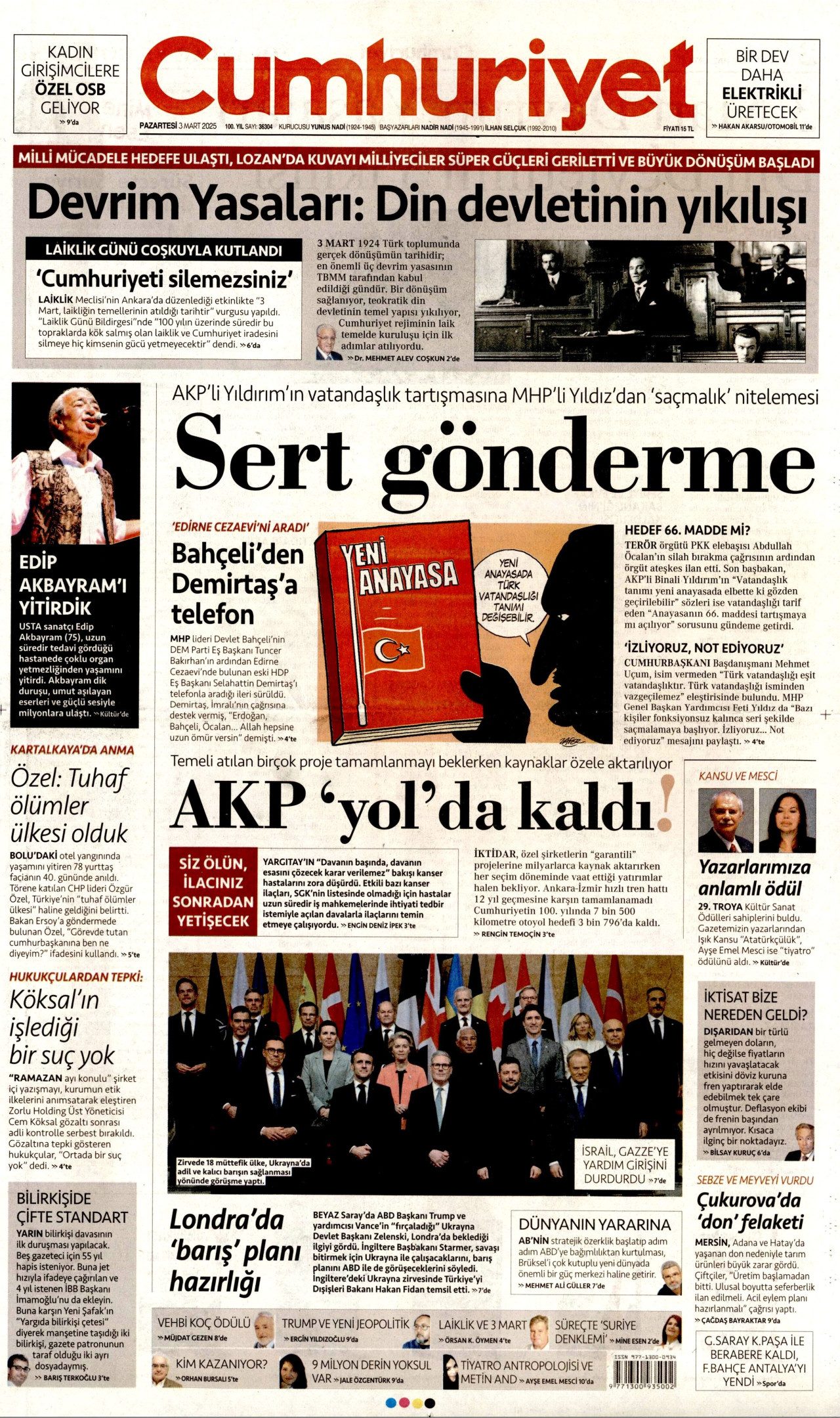 CUMHURİYET gazetesinin 3 Mart 2025 tarihli birinci sayfası