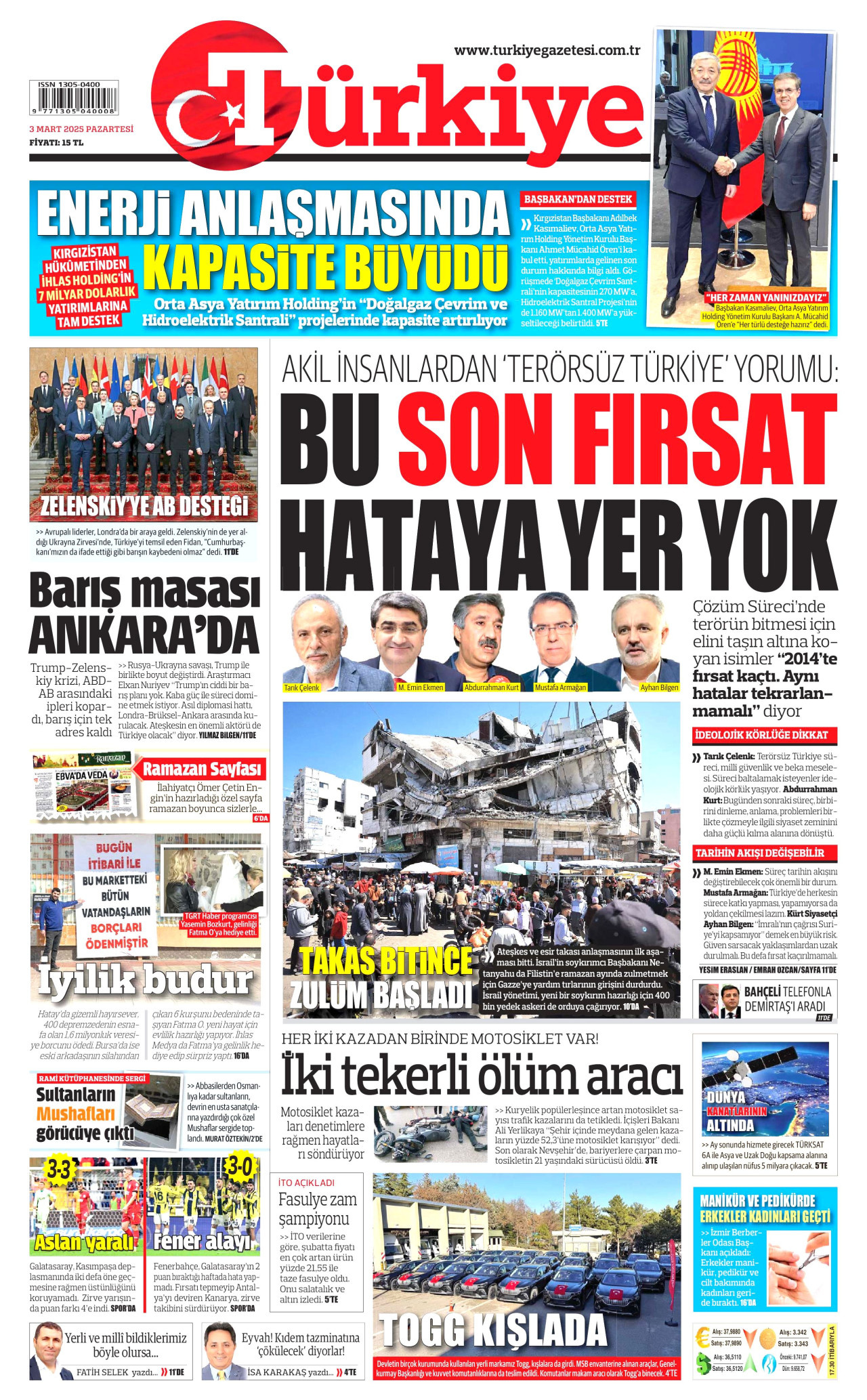 TÜRKİYE GAZETESİ gazetesinin 3 Mart 2025 tarihli birinci sayfası