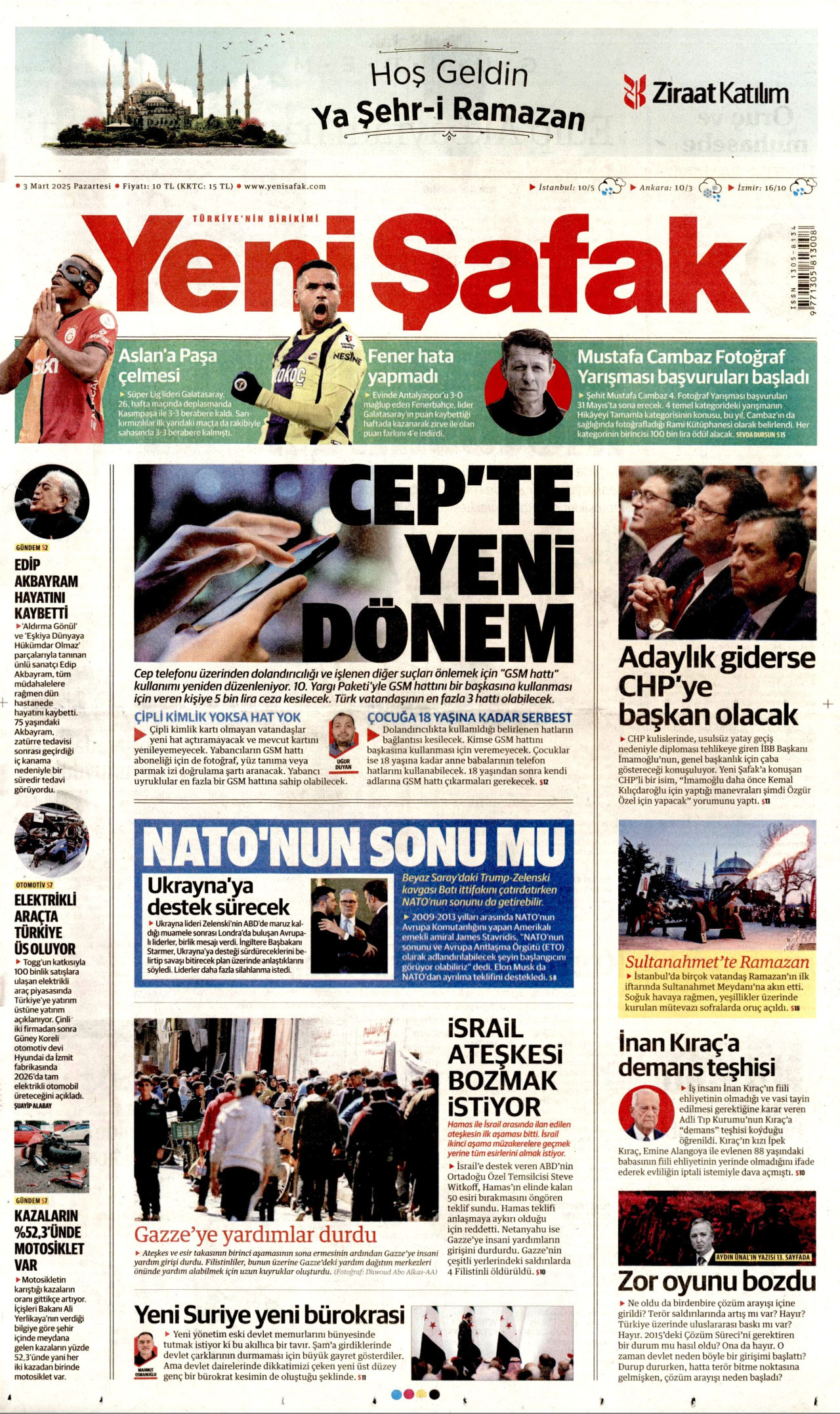 YENİ ŞAFAK gazetesinin 3 Mart 2025 tarihli birinci sayfası