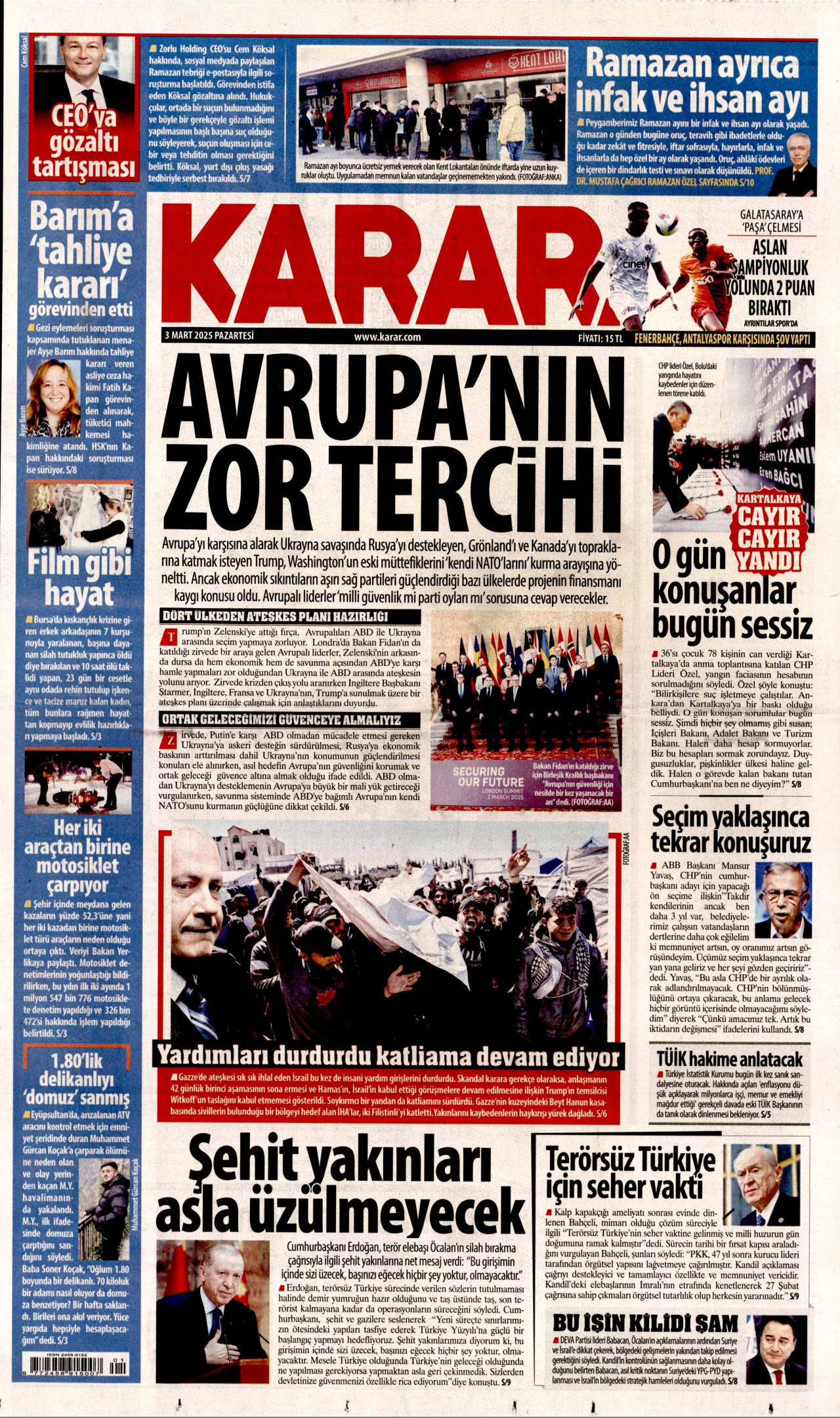 KARAR gazetesinin 3 Mart 2025 tarihli birinci sayfası