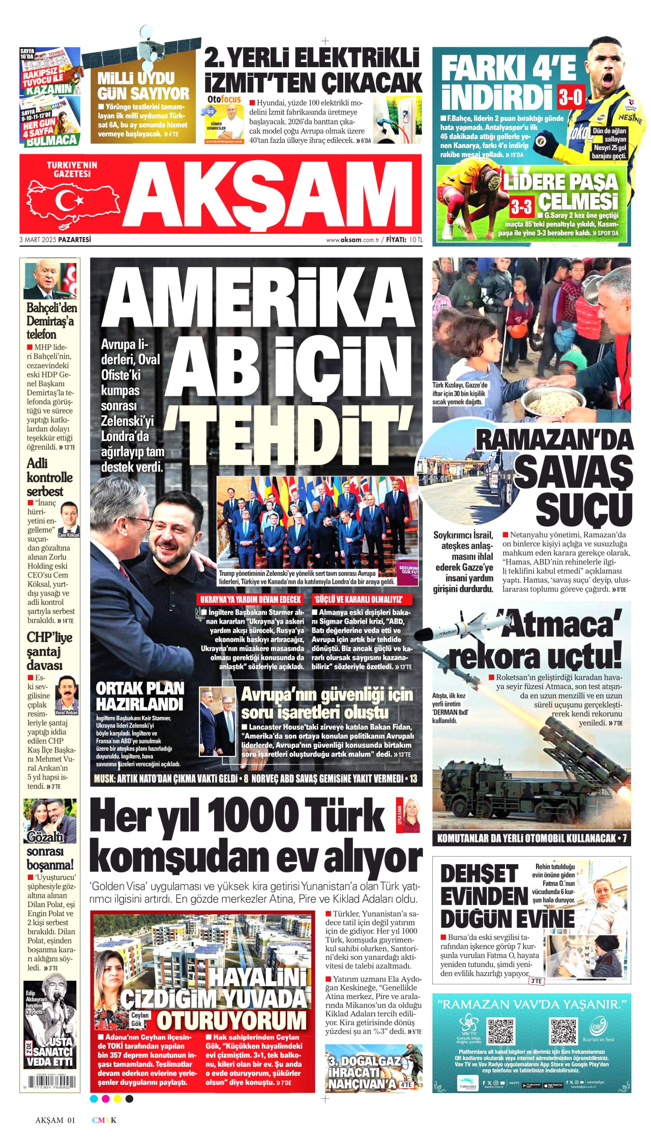 AKŞAM gazetesinin 3 Mart 2025 tarihli birinci sayfası