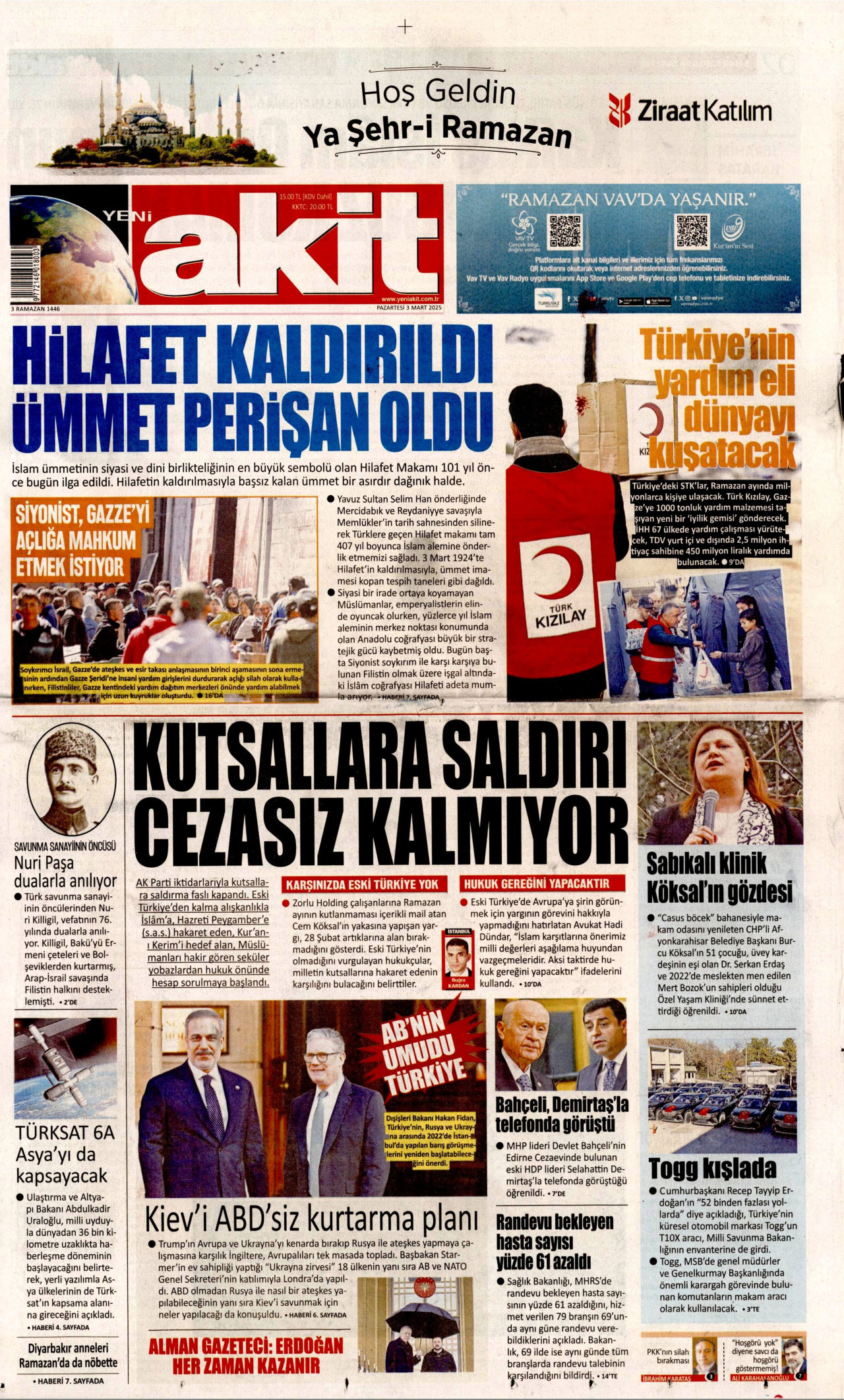 YENİ AKİT gazetesinin 3 Mart 2025 tarihli birinci sayfası