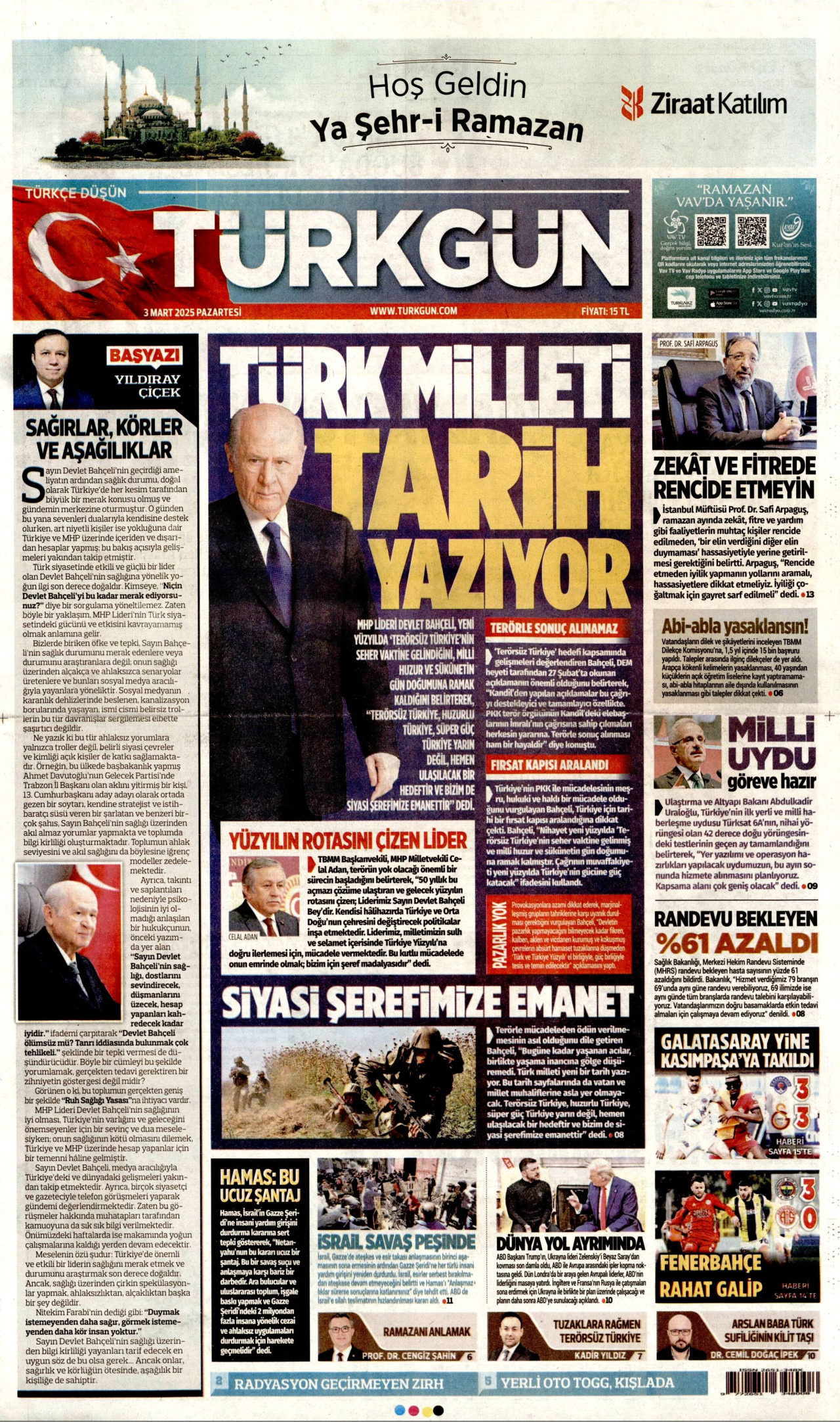 TÜRKGÜN gazetesinin 3 Mart 2025 tarihli birinci sayfası