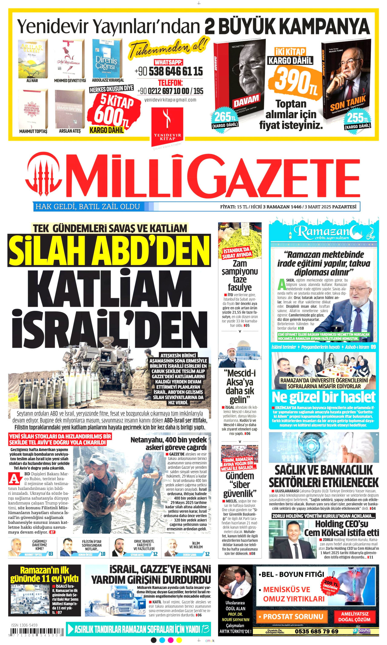 MİLLİ GAZETE gazetesinin 3 Mart 2025 tarihli birinci sayfası
