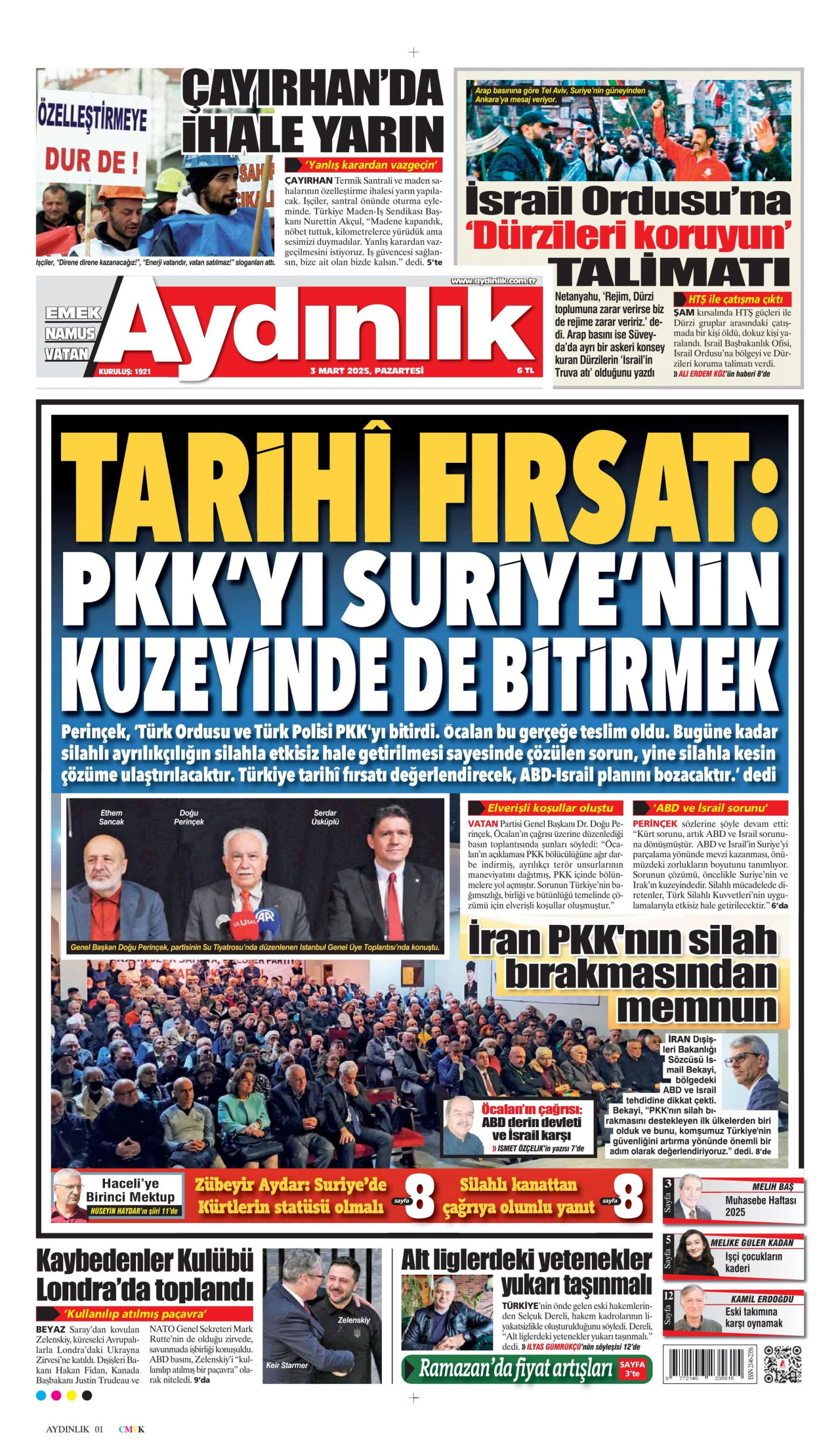 AYDINLIK GAZETESİ gazetesinin 3 Mart 2025 tarihli birinci sayfası