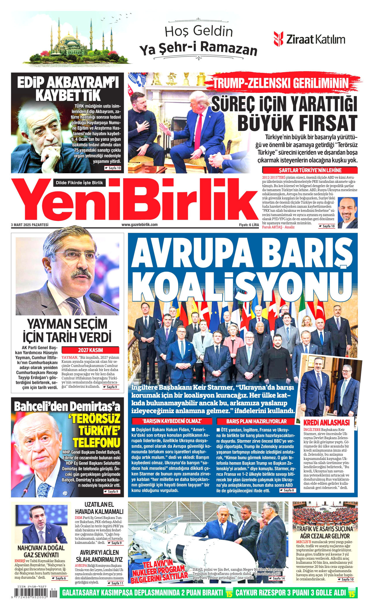 YENİBİRLİK gazetesinin 3 Mart 2025 tarihli birinci sayfası