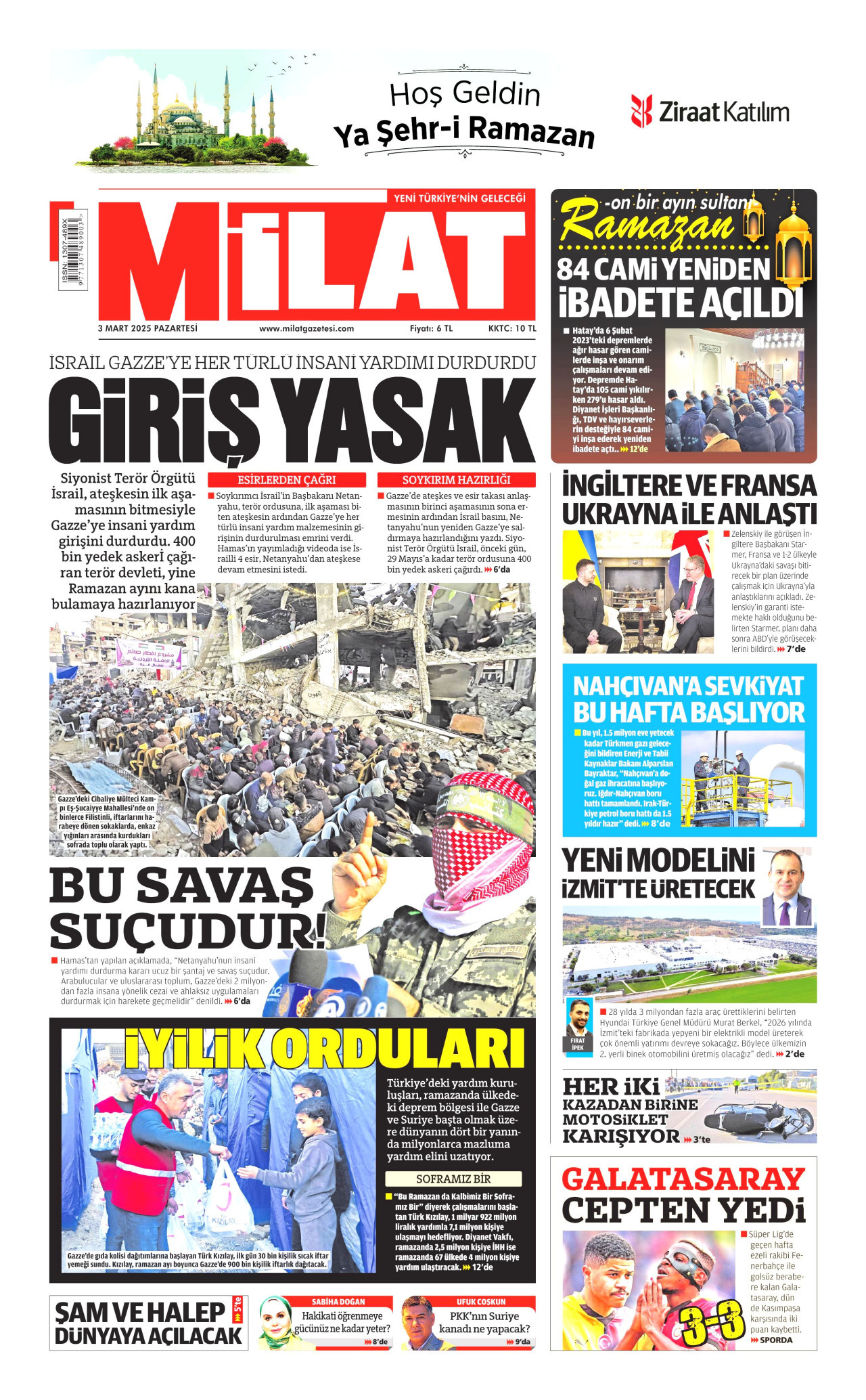 MİLAT gazetesinin 3 Mart 2025 tarihli birinci sayfası