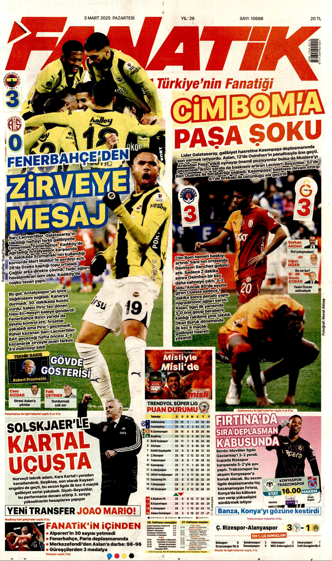 FANATİK gazetesinin 3 Mart 2025 tarihli birinci sayfası