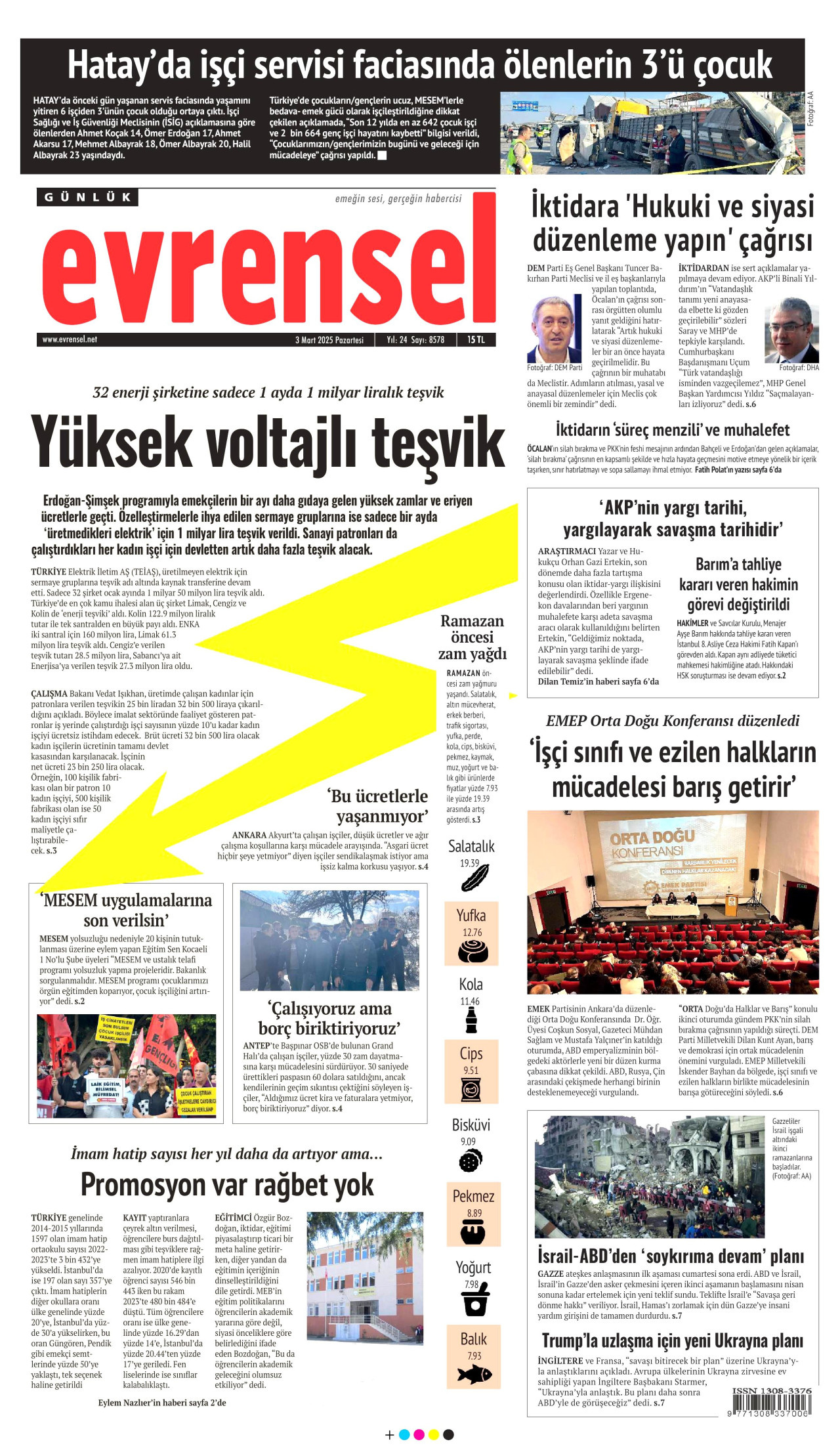 EVRENSEL gazetesinin 3 Mart 2025 tarihli birinci sayfası