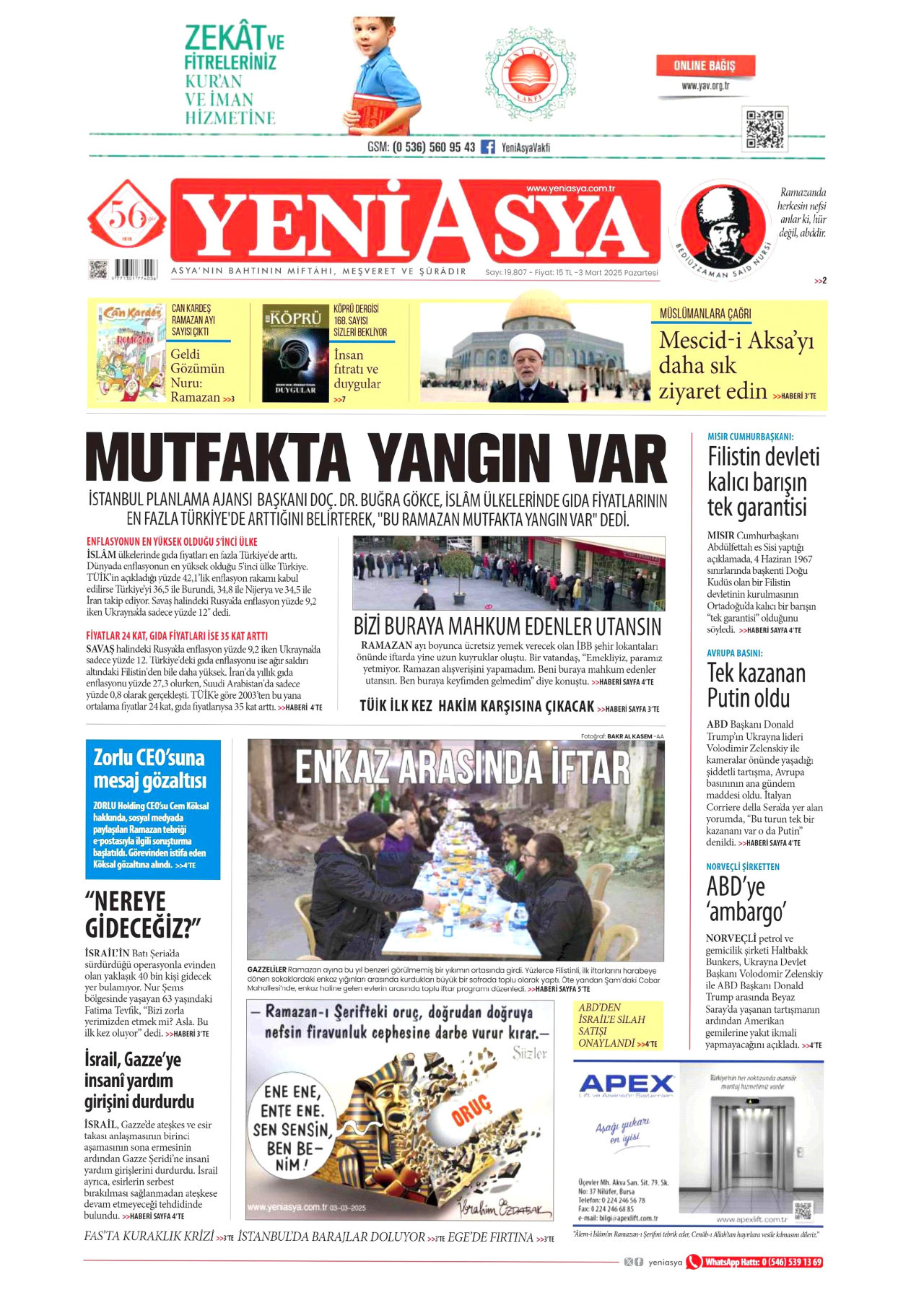 YENİ ASYA gazetesinin 3 Mart 2025 tarihli birinci sayfası