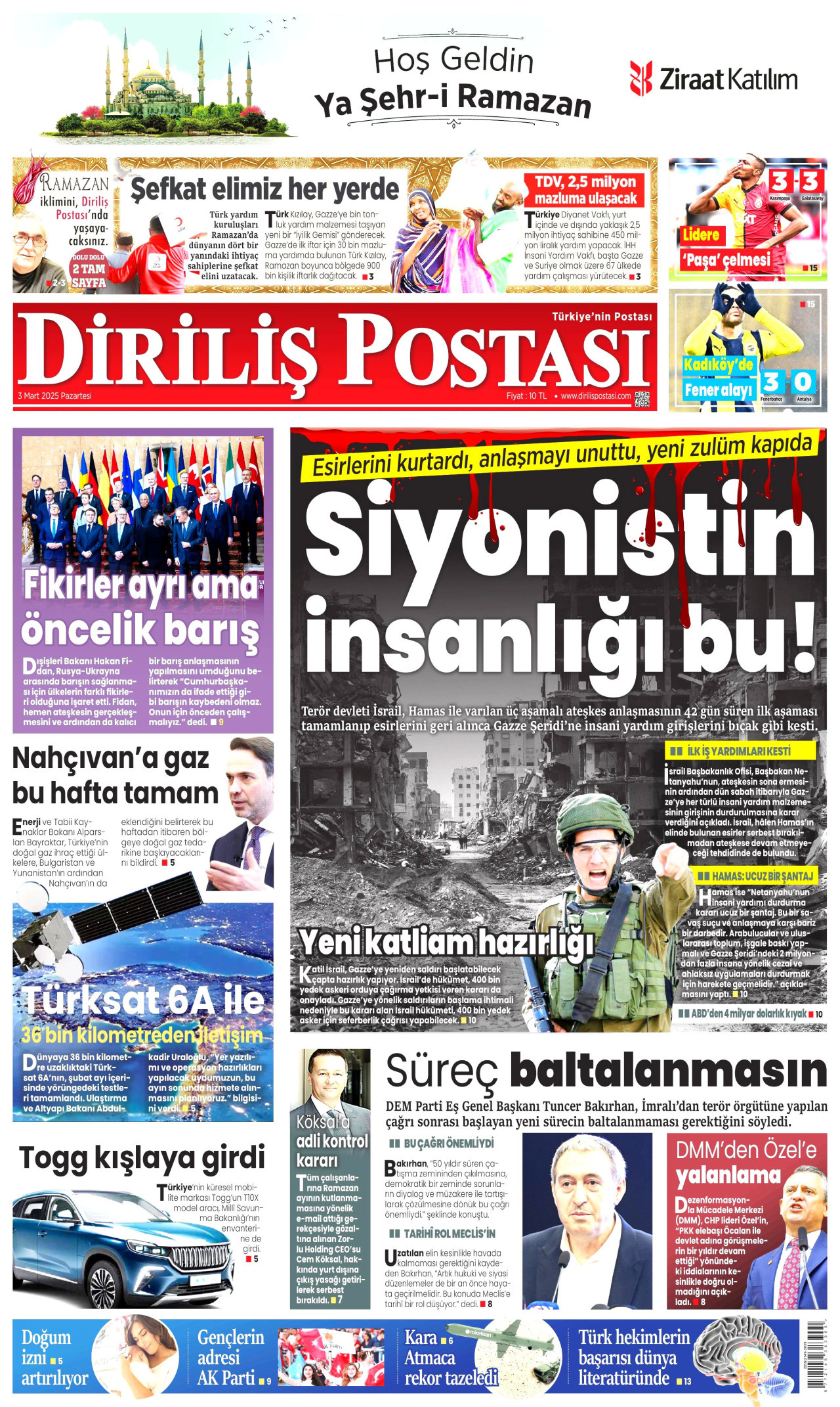 DİRİLİŞ POSTASI gazetesinin 3 Mart 2025 tarihli birinci sayfası