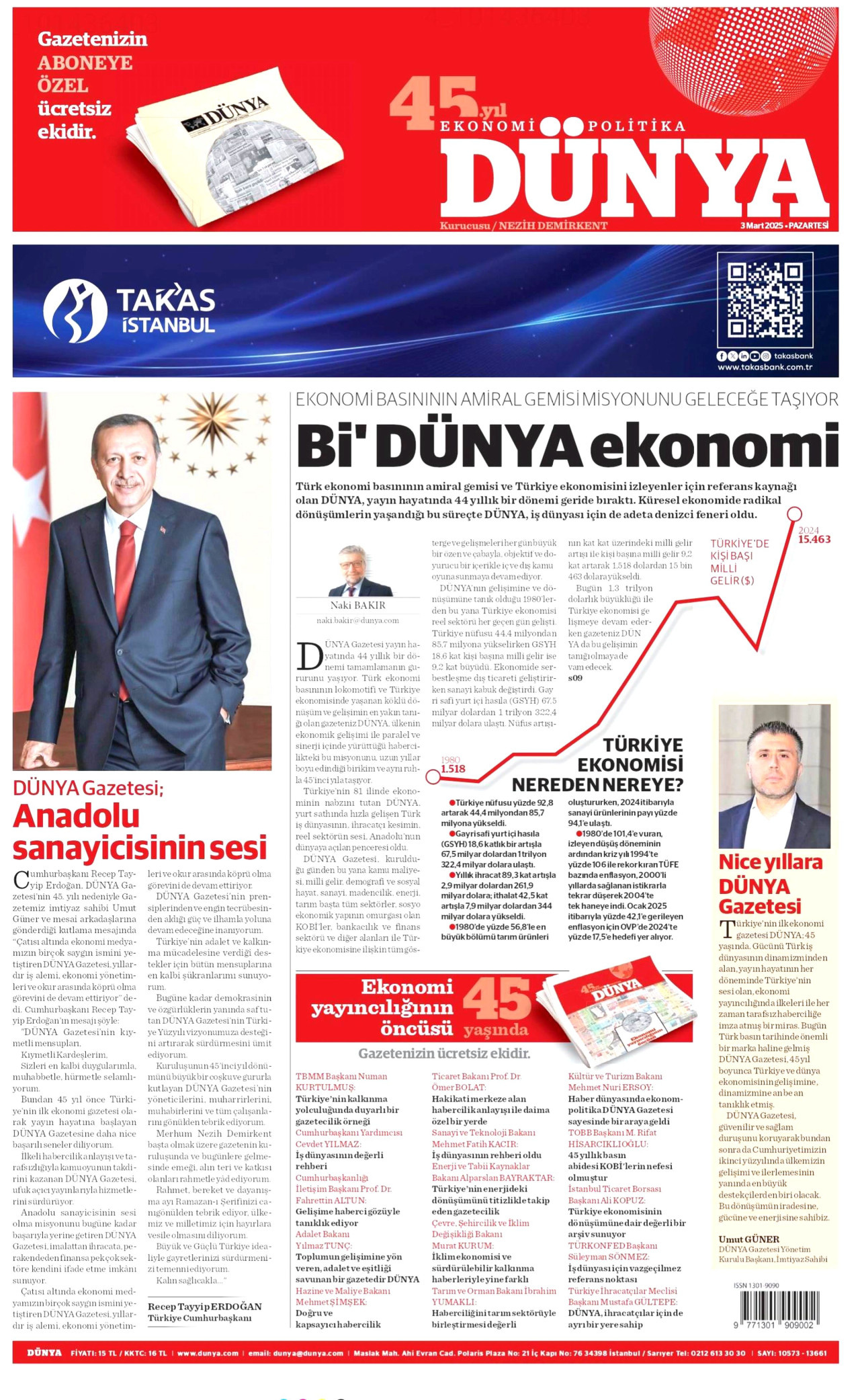 DÜNYA gazetesinin 3 Mart 2025 tarihli birinci sayfası