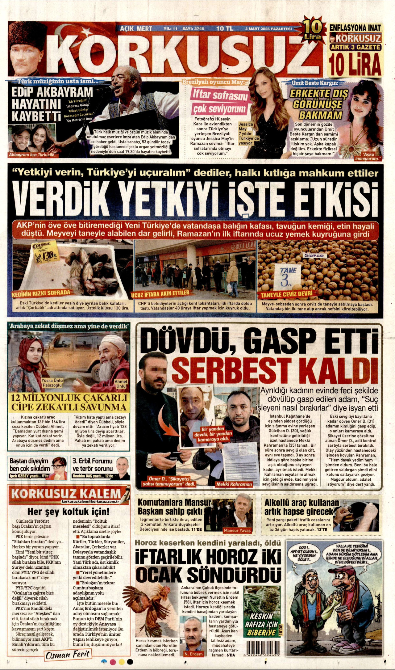 KORKUSUZ gazetesinin 3 Mart 2025 tarihli birinci sayfası