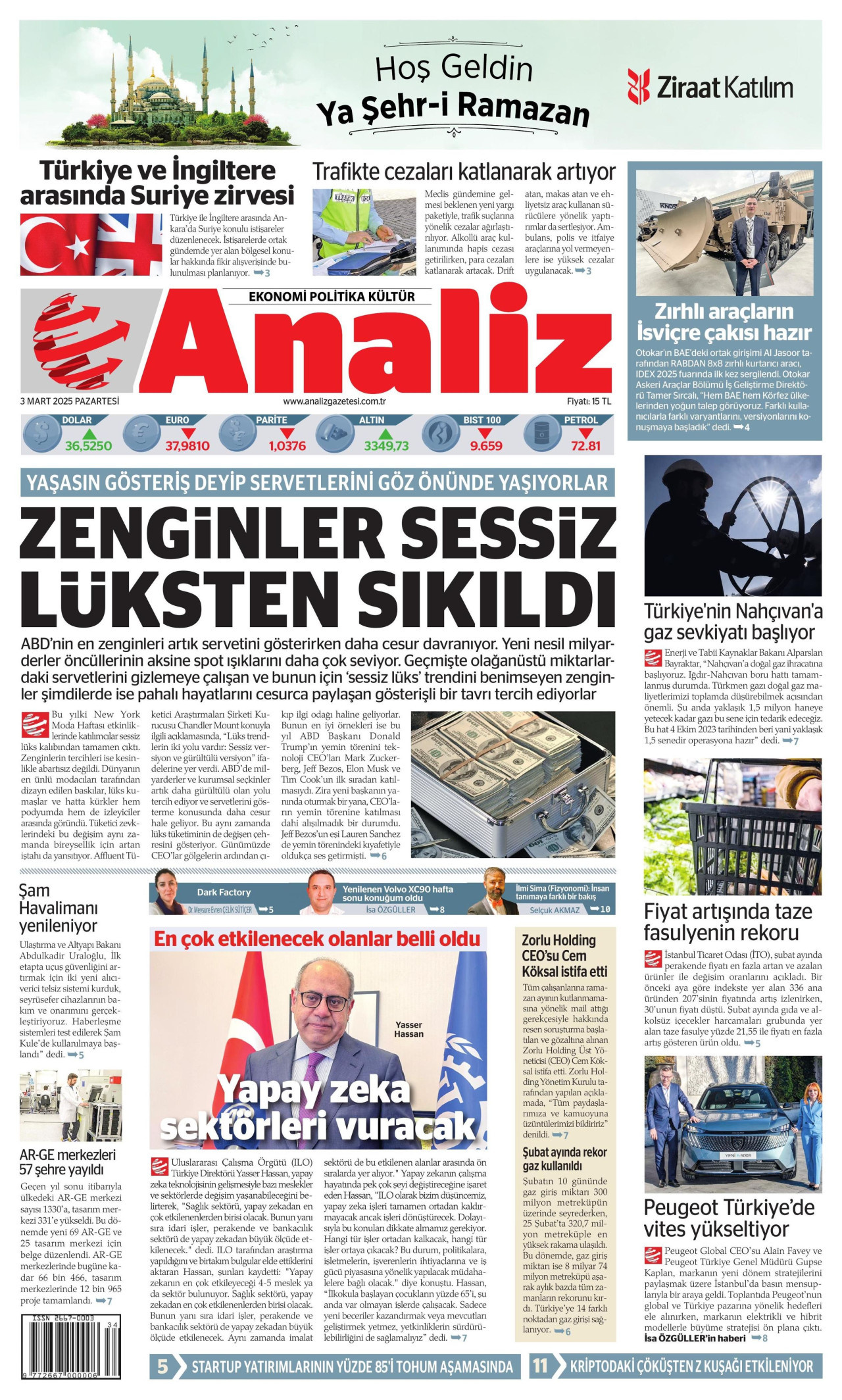 ANALİZ gazetesinin 3 Mart 2025 tarihli birinci sayfası