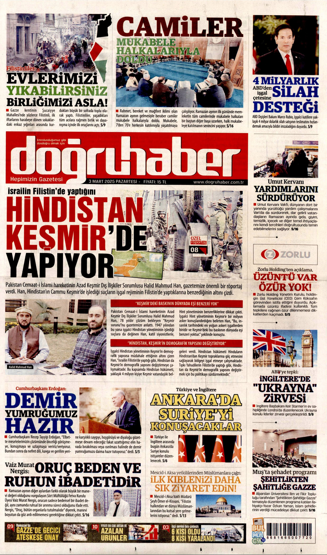 DOĞRU HABER gazetesinin 3 Mart 2025 tarihli birinci sayfası